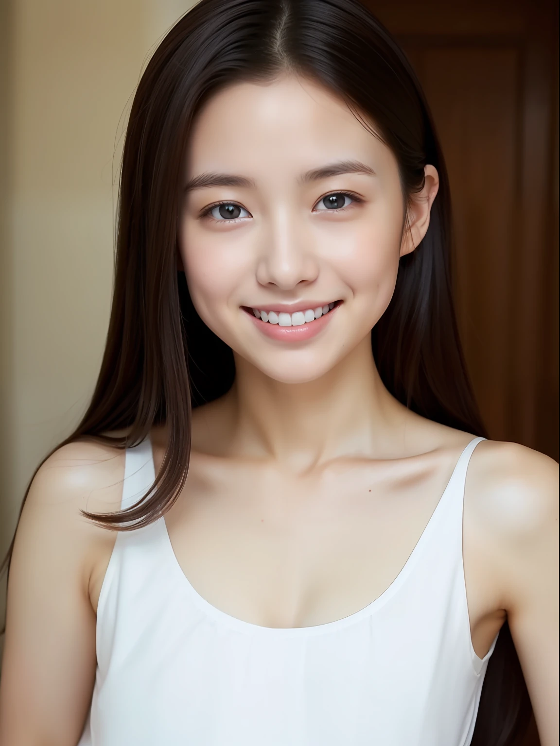 School Girl、a beauty girl,, skinny, Face shot, Infirmary、14years、White camisole、A smile