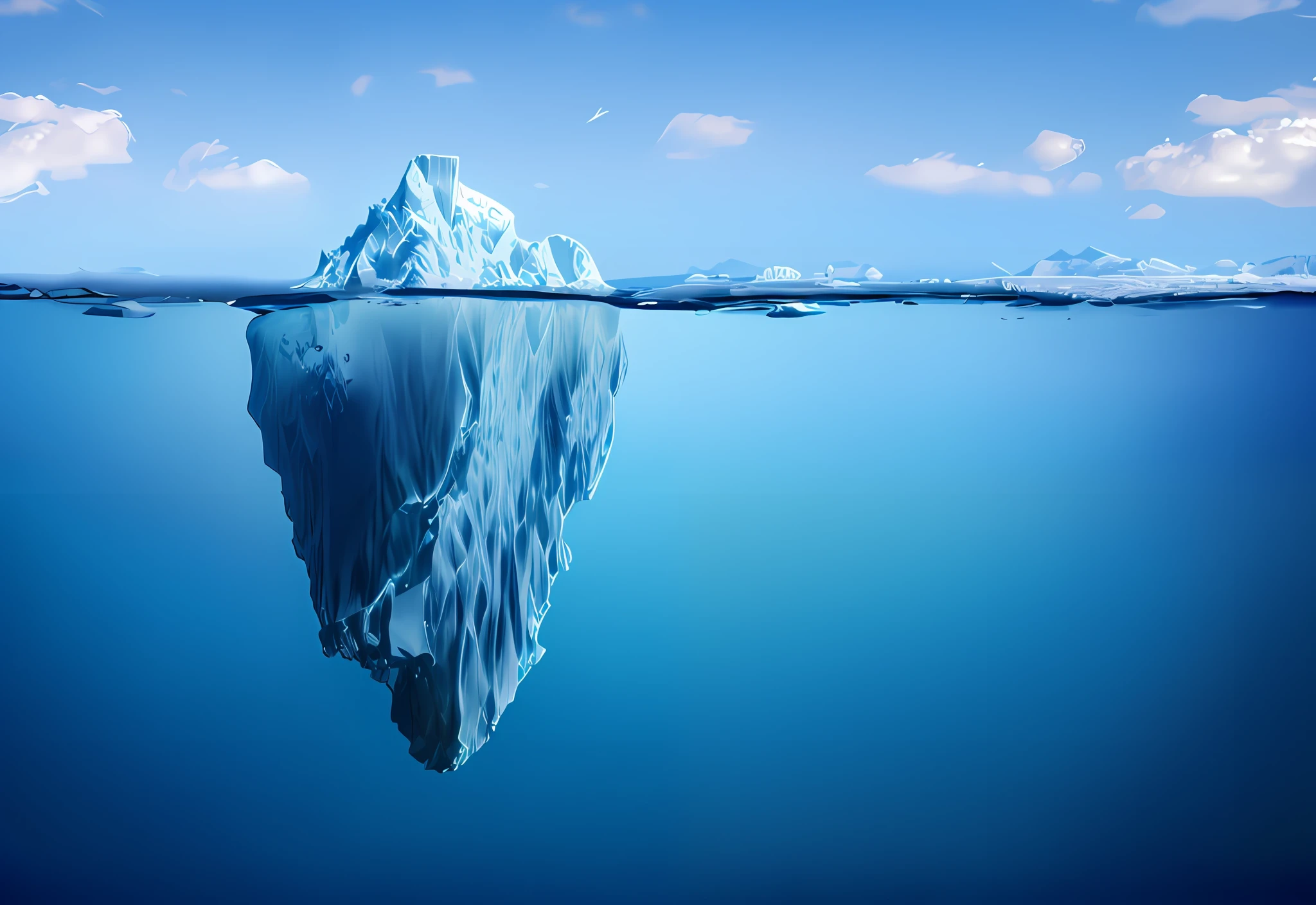 there is a large iceberg floating in the middle of the ocean, iceberg, shutterstock, incredible depth, istock, icebergs, deep perspective, photo of the middle of the ocean, istockphoto, half submerged in water, partially submerged, incredibly high detailed, amazing depth, mountains made out of icebergs, deep depth, icebergs in the background