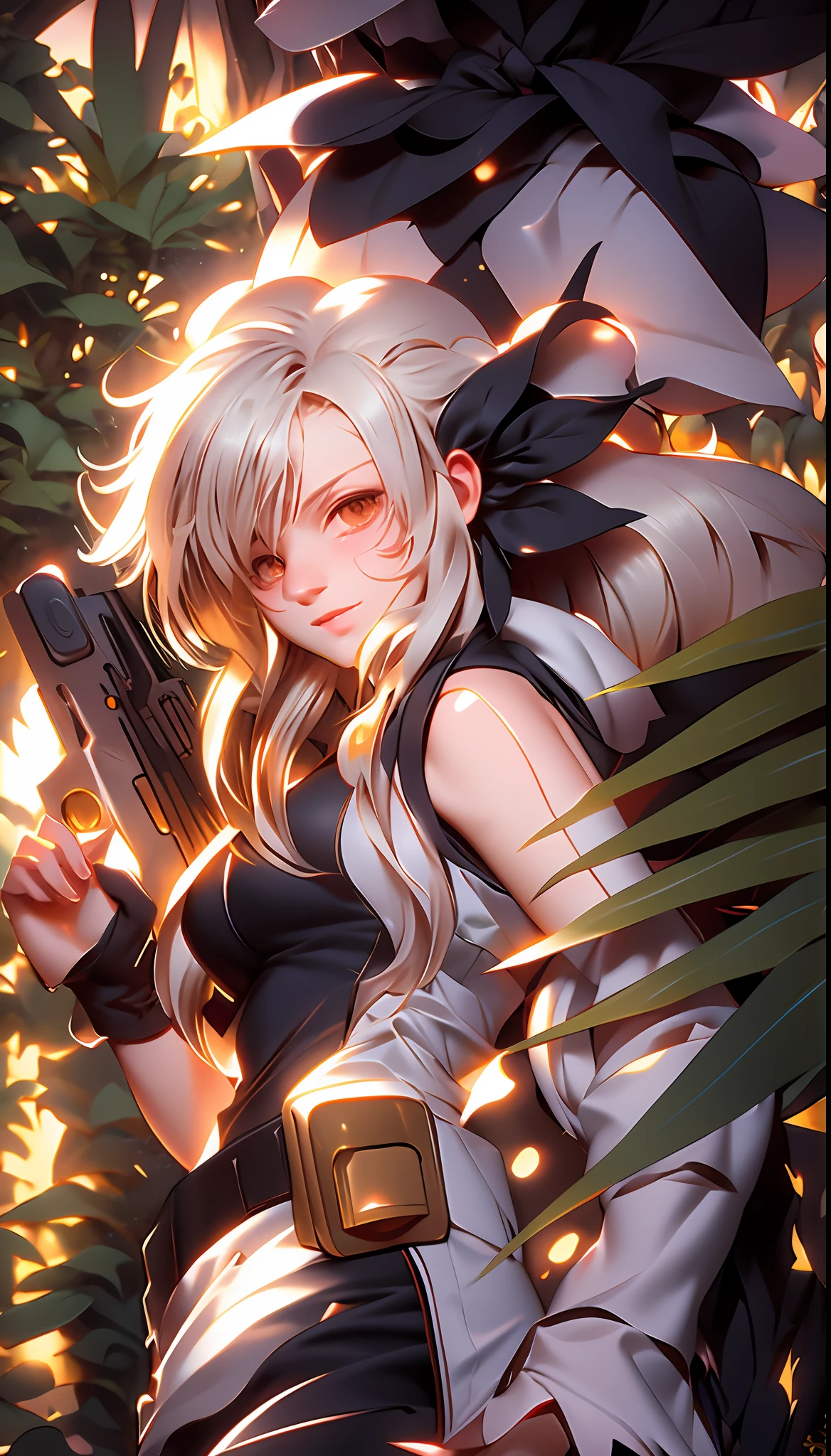 anime girl with a gun in her hand in a jungle, vector shaded anime, in style of cytus and deemo, digital art from danganronpa, rogue anime girl, anime lush john 8k woods, zerochan art, epic anime style, high quality fanart, advanced digital anime art ”, made with anime painter studio, detailed fanart,, beautiful line art, detailed manga style, extremely fine ink lineart,exquisite line art, perfect lineart,exquisite line art, exquisite digital illustration, detailed digital drawing,digital anime illustration, a beautiful artwork illustration, detailed matte fantasy portrait, beautiful line art, great digital art with details, goddess. extremely high detail, 4k detailed digital art, stunning digital illustration, digital fantasy illustration,((Best quality)), ((masterpiece)), (detailed:1.4), 3D, an image of a beautiful female,HDR (High Dynamic Range),Ray Tracing,NVIDIA RTX,Super-Resolution,Unreal 5,Subsurface scattering,PBR Texturing,Post-processing,Anisotropic Filtering,Depth-of-field,Maximum clarity and sharpness,Multi-layered textures,Albedo and Specular maps,Surface shading,Accurate simulation of light-material interaction,Perfect proportions,Octane Render, Two-tone lighting,Wide aperture,Low ISO,White balance,Rule of thirds,8K RAW,subsurface scattering, best ratio of four fingers and one thumb