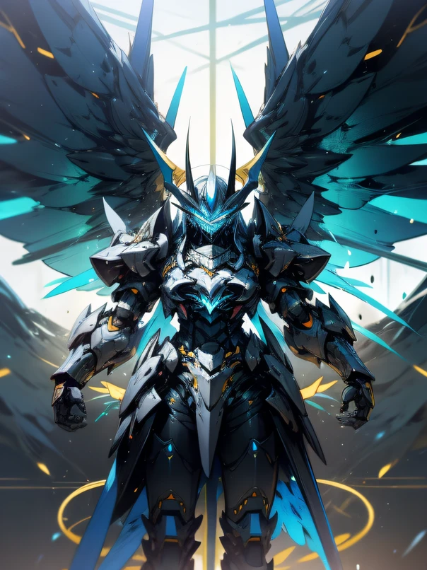 Demonangel weiblich with horns on the head, huge wings and a heavy cyber armor with neon lights blue white with golden decorations
