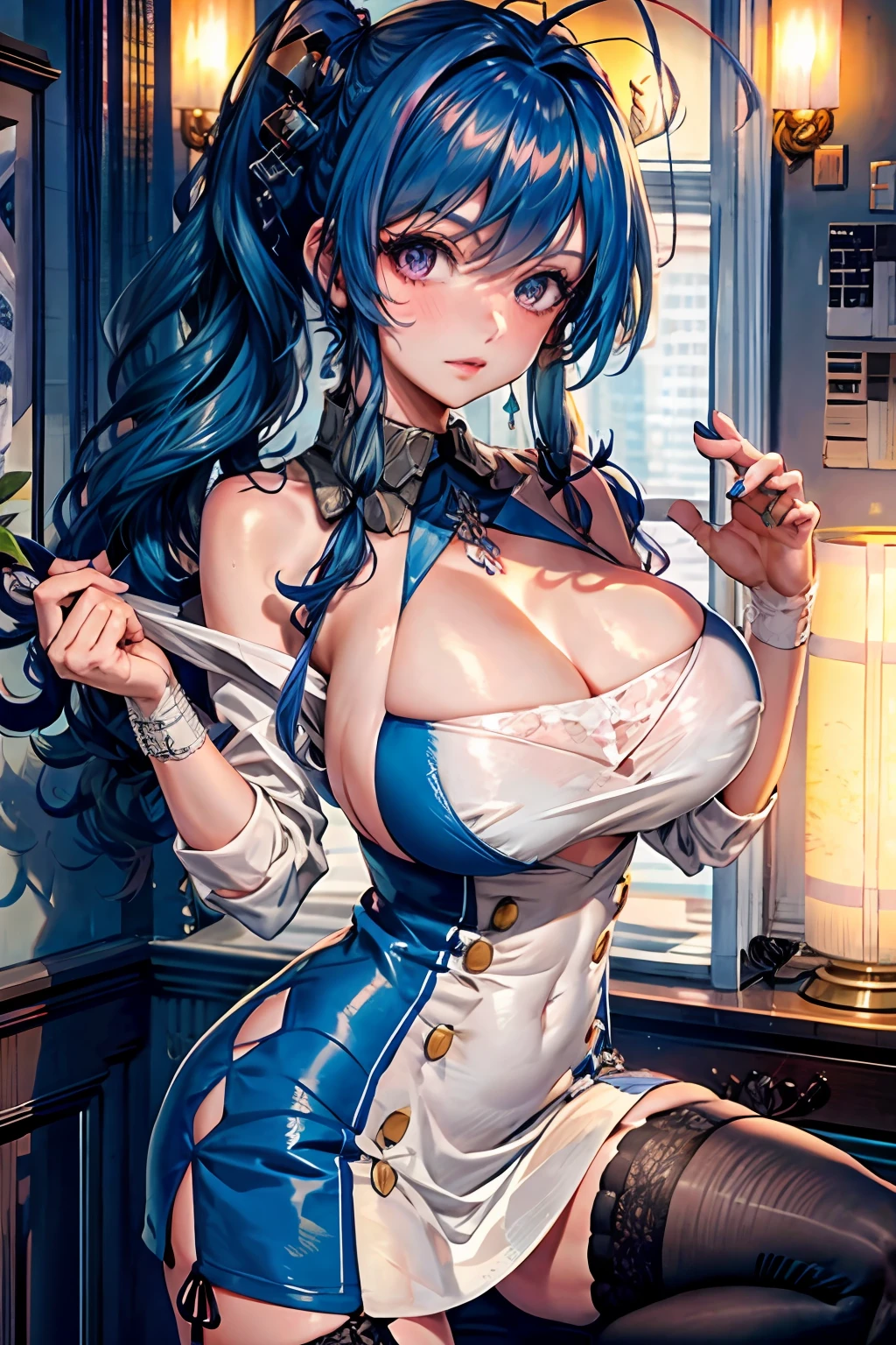 tmasterpiece， Best quality at best， 1girll， long whitr hair， looking at viewert， ：3， adolable， black school uniform， exteriors， the street， cowboy lens，big cleavage breasts， curves， （（（eBlue eyes）））， Rias Gremori，Blue hair， Antenna hair， wavey hair， （（beatiful detailed eyes，beautiful detail glow）），huge tit，