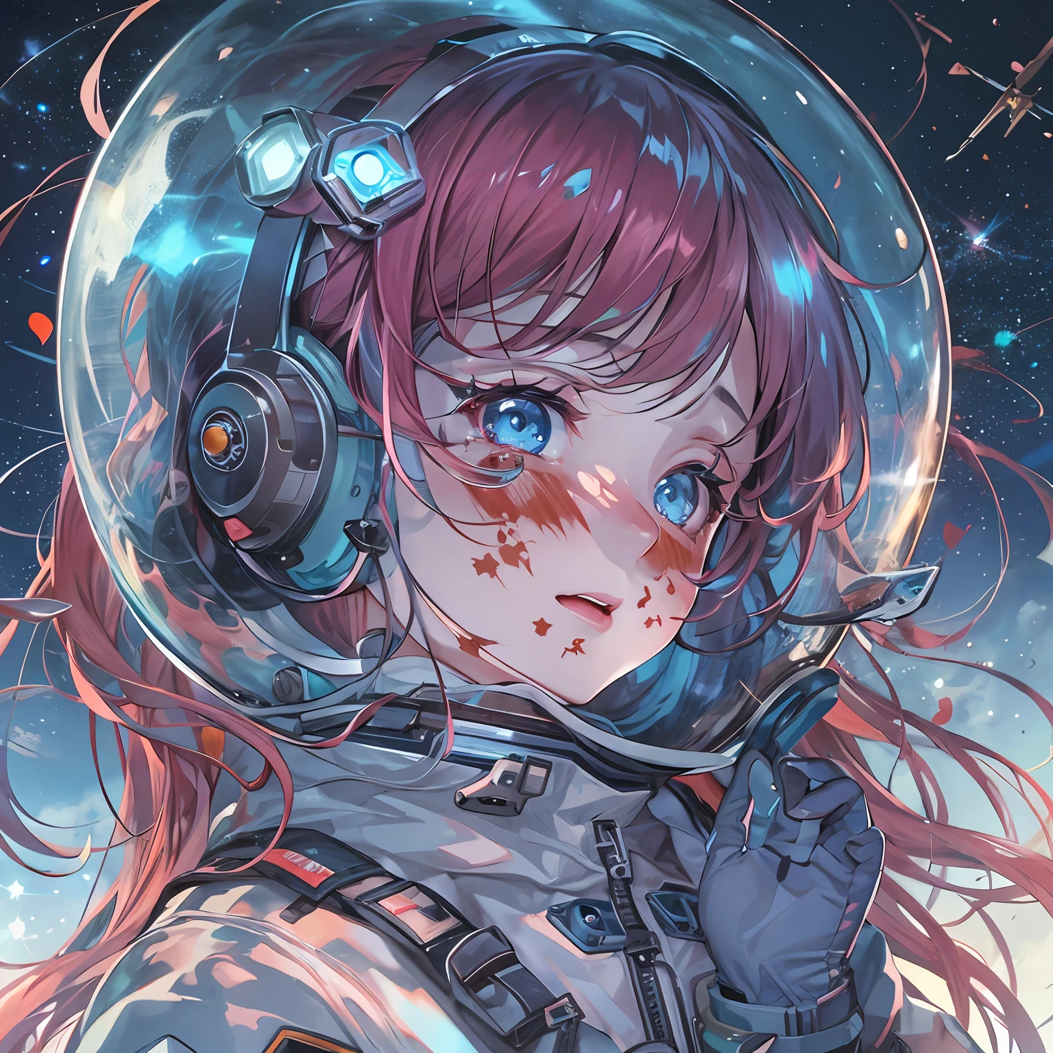 outer space, cosmonaut, A girl, the anime, bullet wound, teardrops, death, Vermilion hair, Cyan eyes, bloods,