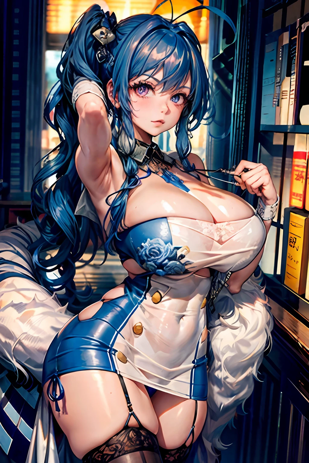 tmasterpiece, Best quality at best, 1girll, long whitr hair, looking at viewert, :3, adolable, black school uniform, exteriors, the street, cowboy lens,big cleavage breasts, curves, (((eBlue eyes))), Rias Gremori,Blue hair, Antenna hair, wavey hair, ((beatiful detailed eyes,beautiful detail glow)),huge tit,
