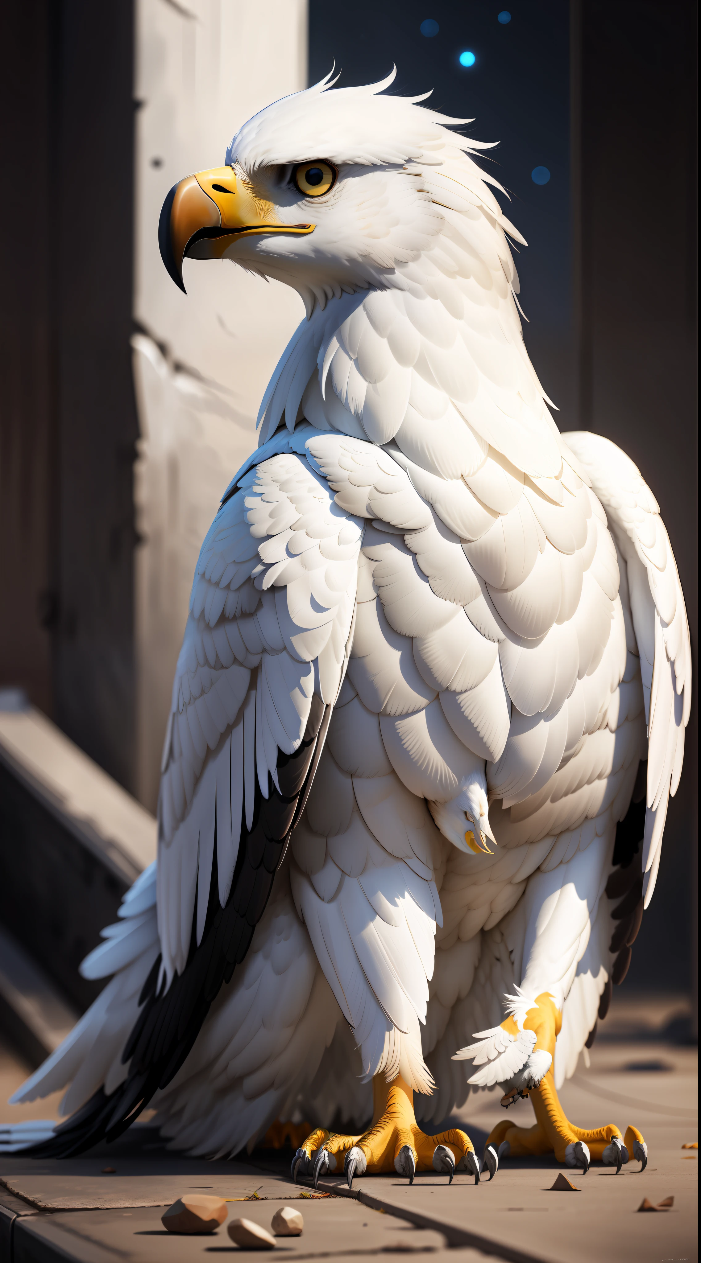 Dark night white eagle sitting on the ground,high resolution, high quality