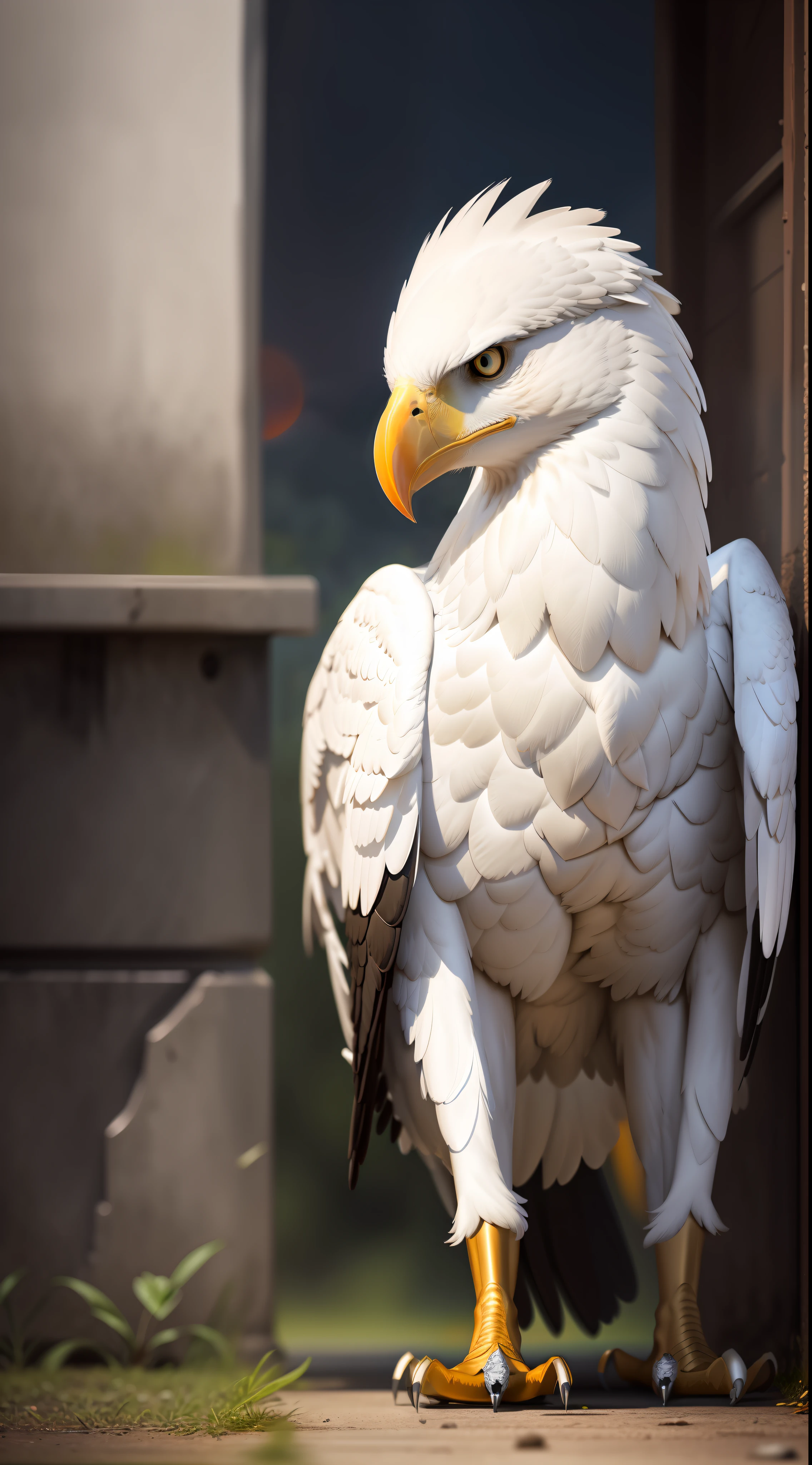 Dark night white eagle sitting on the ground,high resolution, high quality