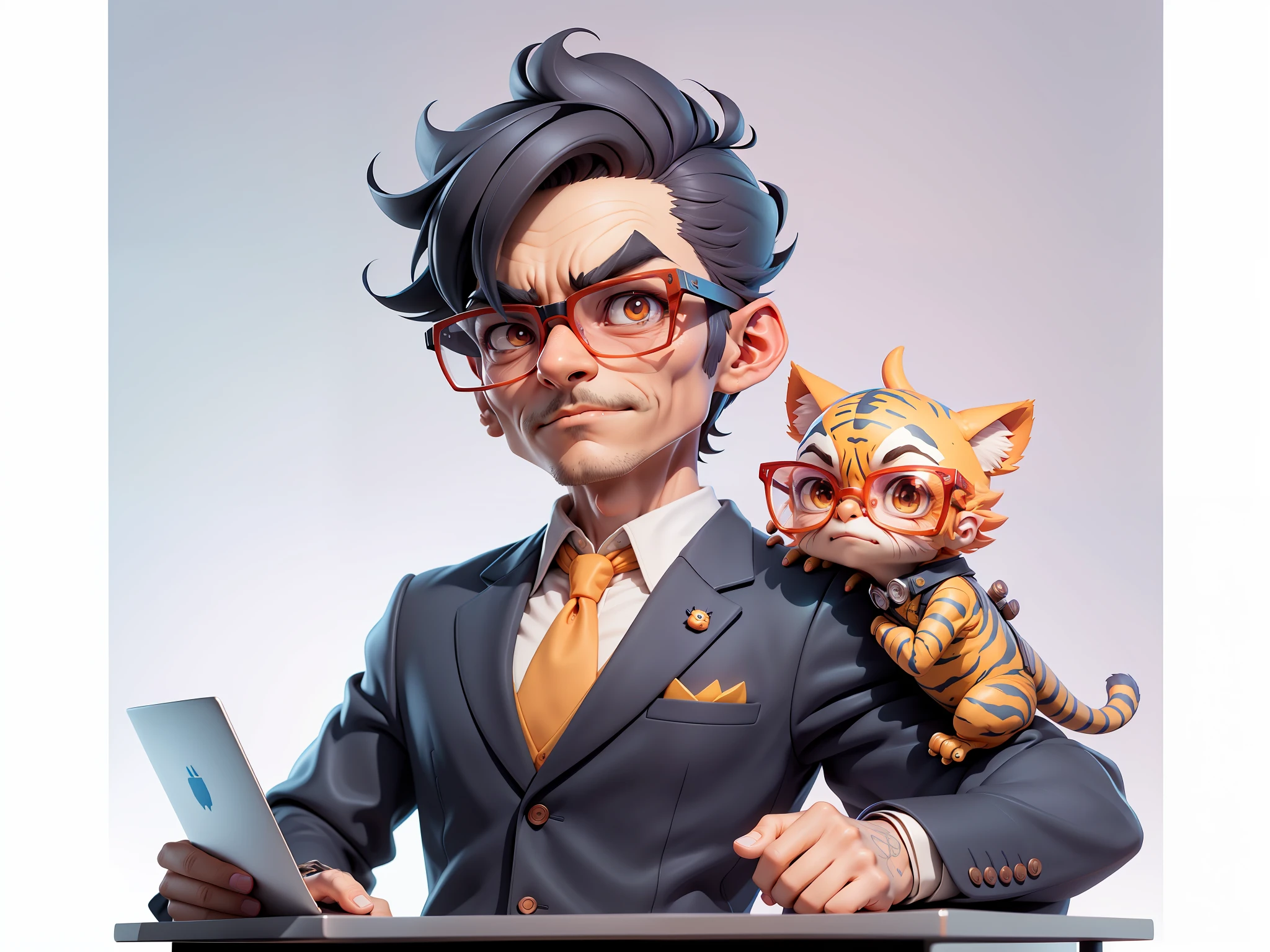 A young man in a suit, Short hair and glasses sat at his desk,holding laptop,digitial painting,tigre,3D character design by Mark Clairen and Pixar and Hayao Miyazaki and Akira Toriyama,4K HD illustration,Very detailed facial features and cartoon-style visuals。