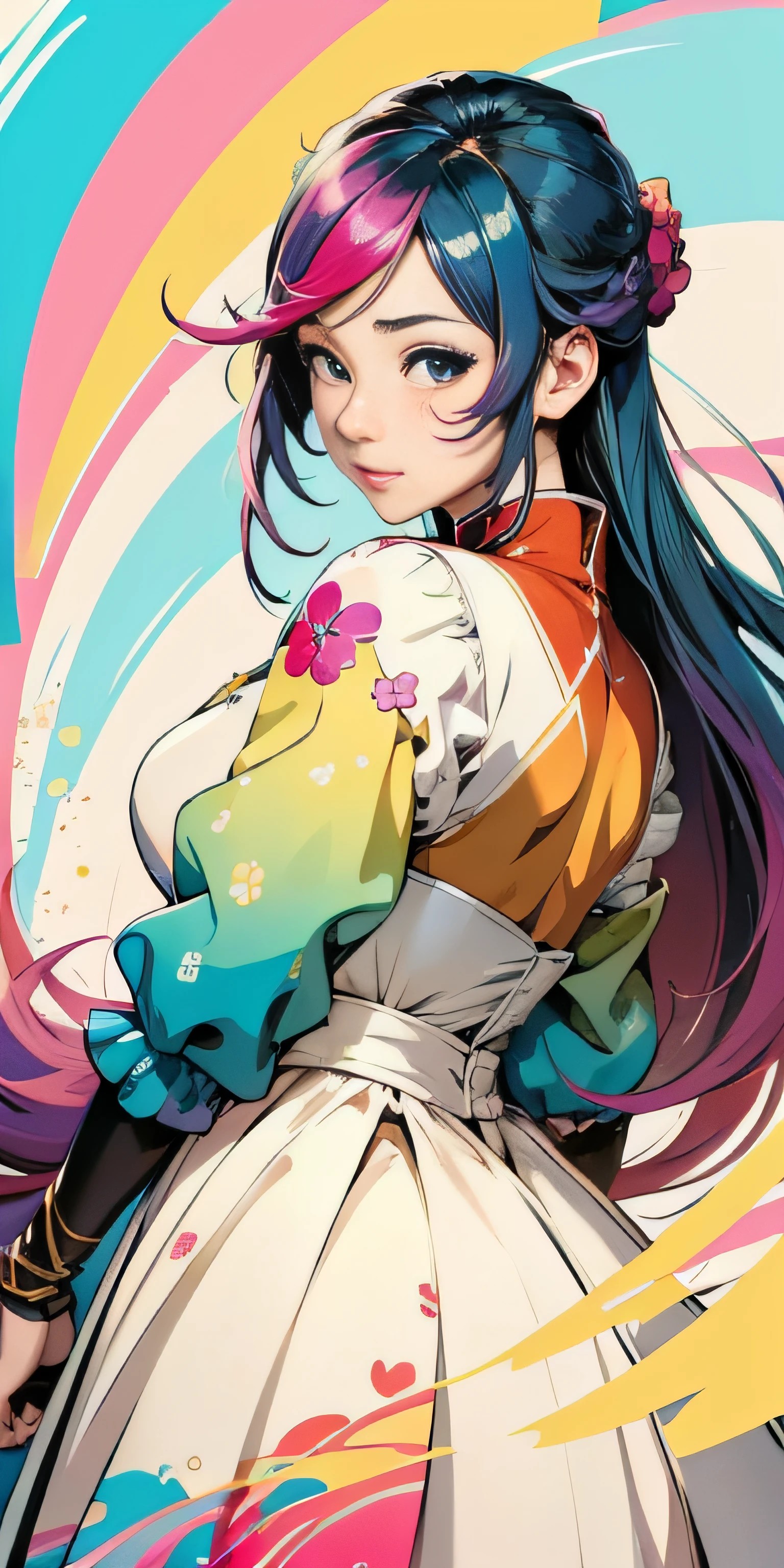 masterpiece, anime girl with detailed eyes, colorful hair and a colorful dress, rossdraws pastel vibrant, rossdraws cartoon vibrant, anime style 4 k, beautiful anime portrait, artgerm colorful, dream artgerm, beautiful anime girl, anime styled digital art, anime art wallpaper 4k, anime art wallpaper 4 k, digital anime art, extremely detailed artgerm