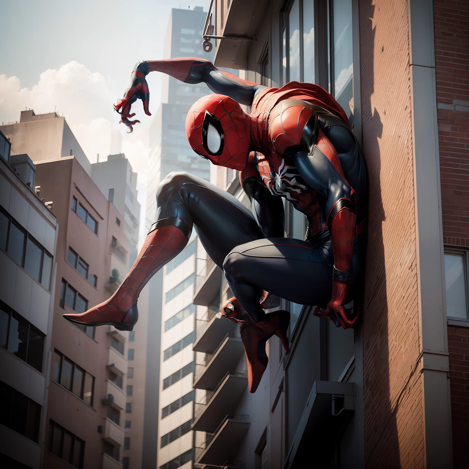 Create an image of Spider-Man descending from a building