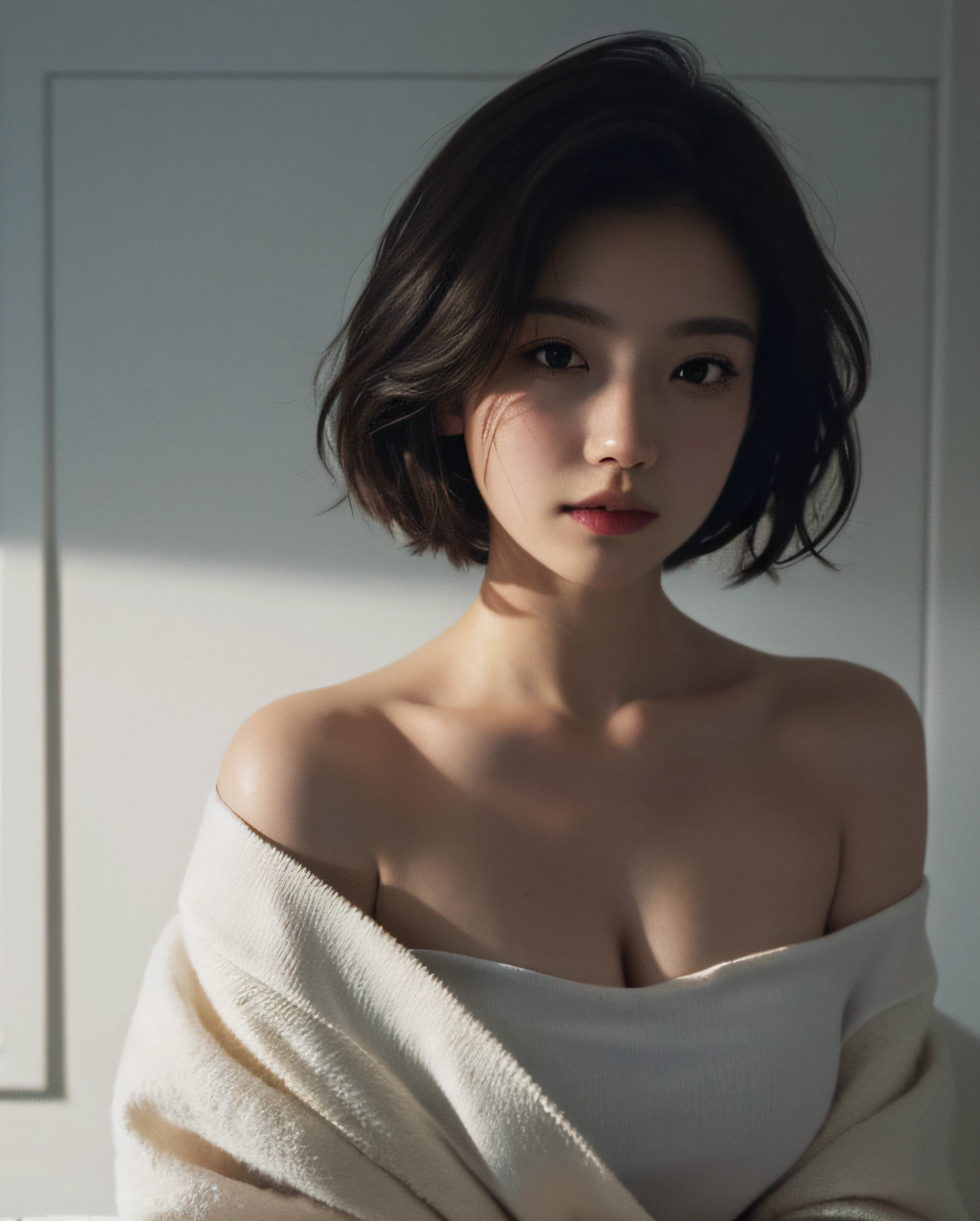 Best quality, masterpiece, ultra high res, (photorealistic:1.5), raw photo, 1girl, offshoulder, in the dark, deep shadow, low key, cold light, sexy look, short hair