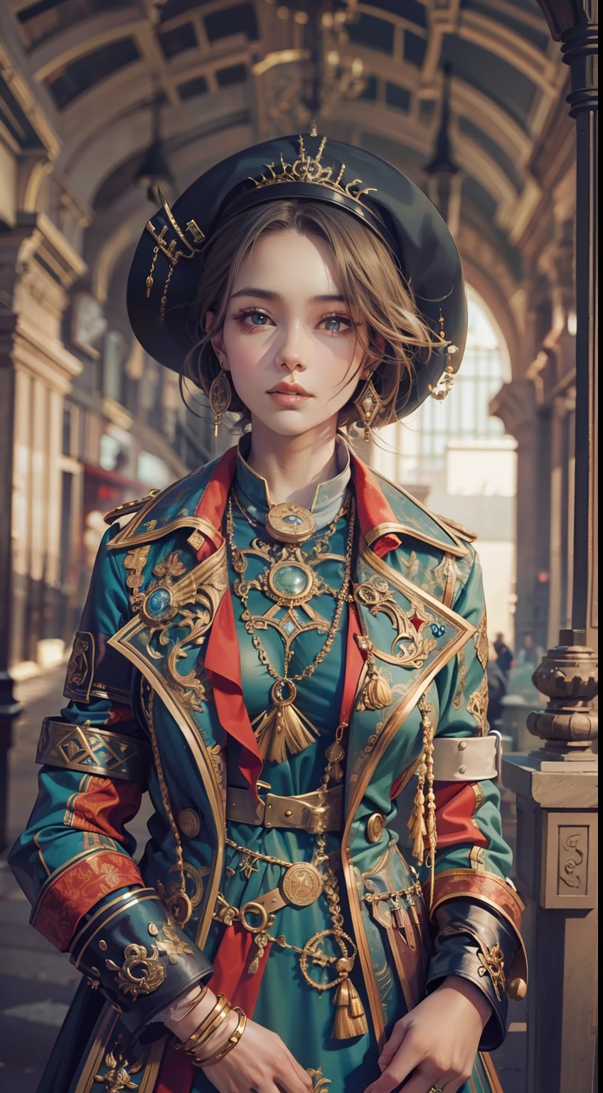Beautiful woman in insanely intricate Time traveler Outfit