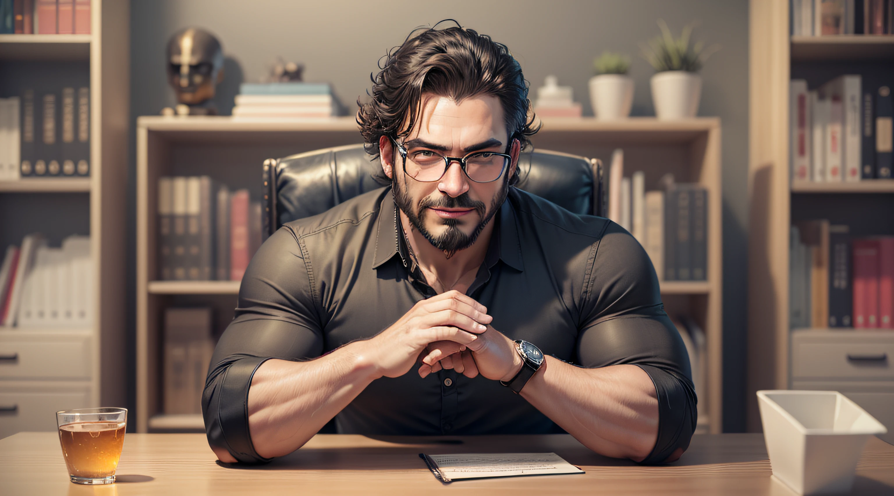 ((half body)) Photo RAW Ceo Man with glasses sitting on office chair, wearing black shirt, (Wearing Blackbeard) movie scene, (Flawless), serious, elegant man with thick masculine eyebrows, (with happy face, ) very short dark hair , bookcase background image, elegant, (high quality and realistic image), ((best quality, 8k, masterpiece) --auto --s2