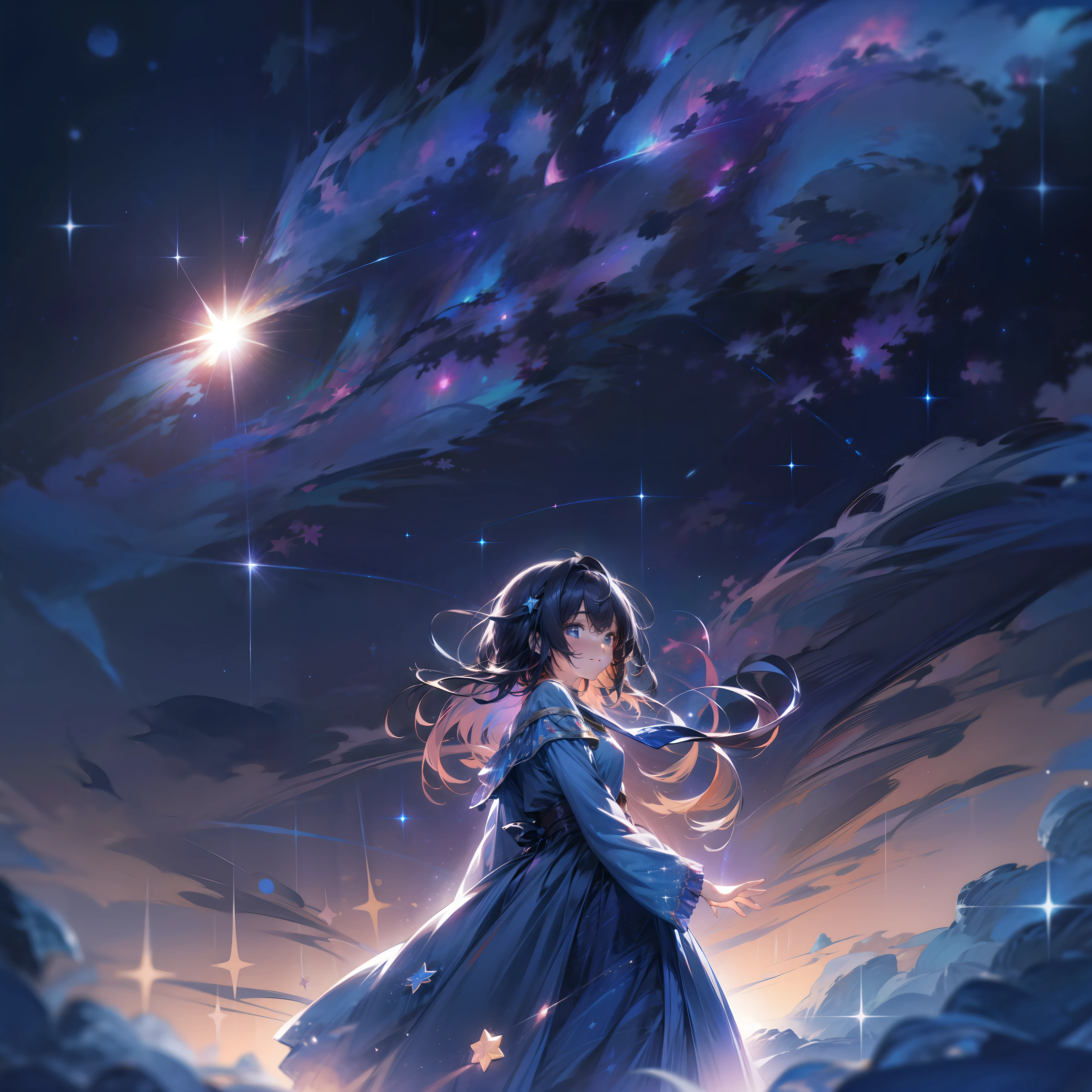 The illustration of a girl shining against the starry sky is、Depicts an enchanting sight enveloped in a beautiful night sky。

With 8K ultra-high definition detail、Star-filled sky々shines、A fantastic landscape with constellations floating quietly spreads out。She against the background of the starry sky、Standing with elegant charm。The glow of the starry sky gently illuminates her figure、It has a mysterious atmosphere。

Her beautiful black hair is、The inner color is colorful、stele々Colorful shades reminiscent of the brilliance of。The inner color in harmony with the starry sky highlights her unique beauty.。

The dress she wears is、Designed with the image of the brilliance of the starry sky and the mystery of the universe。Elegant silhouette complements her beautiful body line、It has a charm that makes you feel like you are one with the starry sky.。

The pose is of her looking up at the starry sky.、Deep emotion and enigmatic expression express the depths of her heart.。Stars in her eyes々The brilliance of、It depicts a mysterious gaze as if he knows the secrets of the universe.。

While the light of the starry sky shines on her、Tiny particles of light dance around her.、It has a magical and mysterious atmosphere.。stele々surrounded her.、It depicts a fantastic figure that seems to be part of the universe。

The entire illustration is full of starry energy、It makes her figure shine even more mysteriously.。It depicts a beautiful scene that combines the starry sky and her charm。

Starry sky spreads out in the background、Her standing in a quiet universe is beautifully projected.。The serenity of the starry sky combined with her radiant figure、A fantastic illustration that will shake the hearts of the viewer has been completed.。