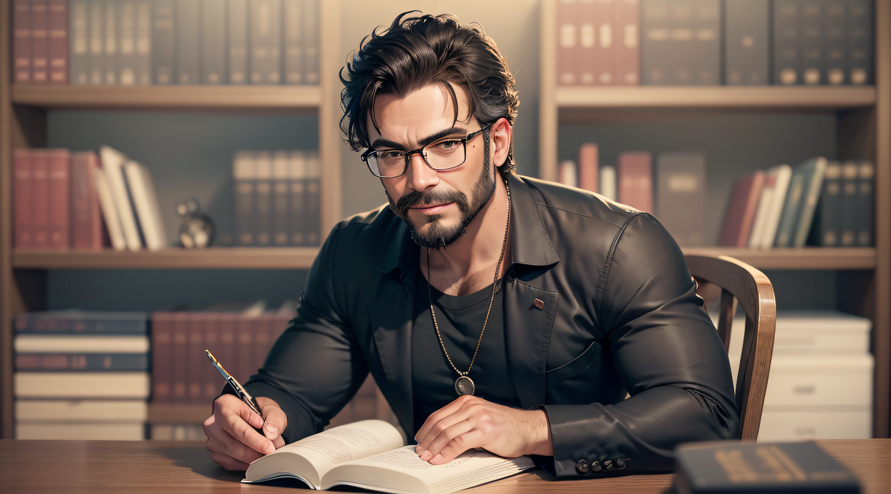 ((half body)) Photo RAW Ceo Man with glasses sitting on office chair, looking straight ahead, wearing black shirt, (Wearing Blackbeard) movie scene, (Flawless), serious, elegant man with bushy, masculine eyebrows, ( with happy face,) very short dark hair, background image bookcase with books, elegant, (high quality and realistic image), ((best quality, 8k, masterpiece) --auto --s2