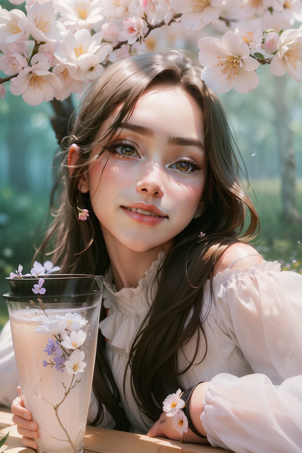 Best quality, masterpiece, ultra high res, (photorealistic:1.4), raw photo, 1girl, white dress, off shoulder, blossom flower field, glowing skin, light smile