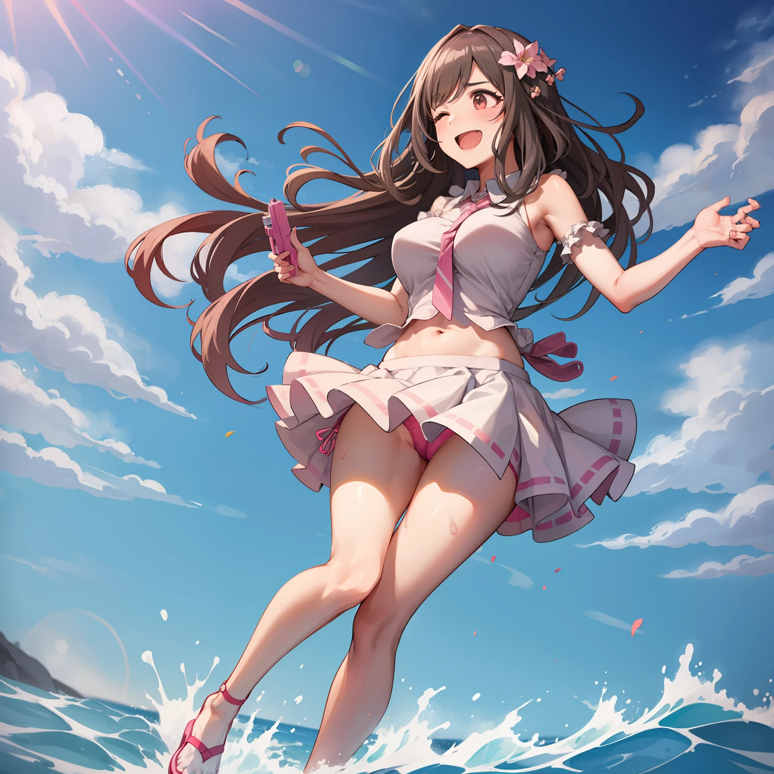 girl with,The Idolmaster Shiny Colors,Tsukioka Koi Bell,ocean,Big long water gun,Holding,Have a pink water pistol,Playing,activity,Outdoors,Tall lady,maturefemale,Pink and white bikini,Pleated skirt,micro skirt,Removable collar,Open mouth,Smile,Huge breasts,Pink tie,White sandals,high-heels,,buttock,wave her hand,Back,Standing on one leg,kneepit,Full body,from behind,Butt crack,one eye closed,profile,Water,Splashing,Back shot,Running,From below,