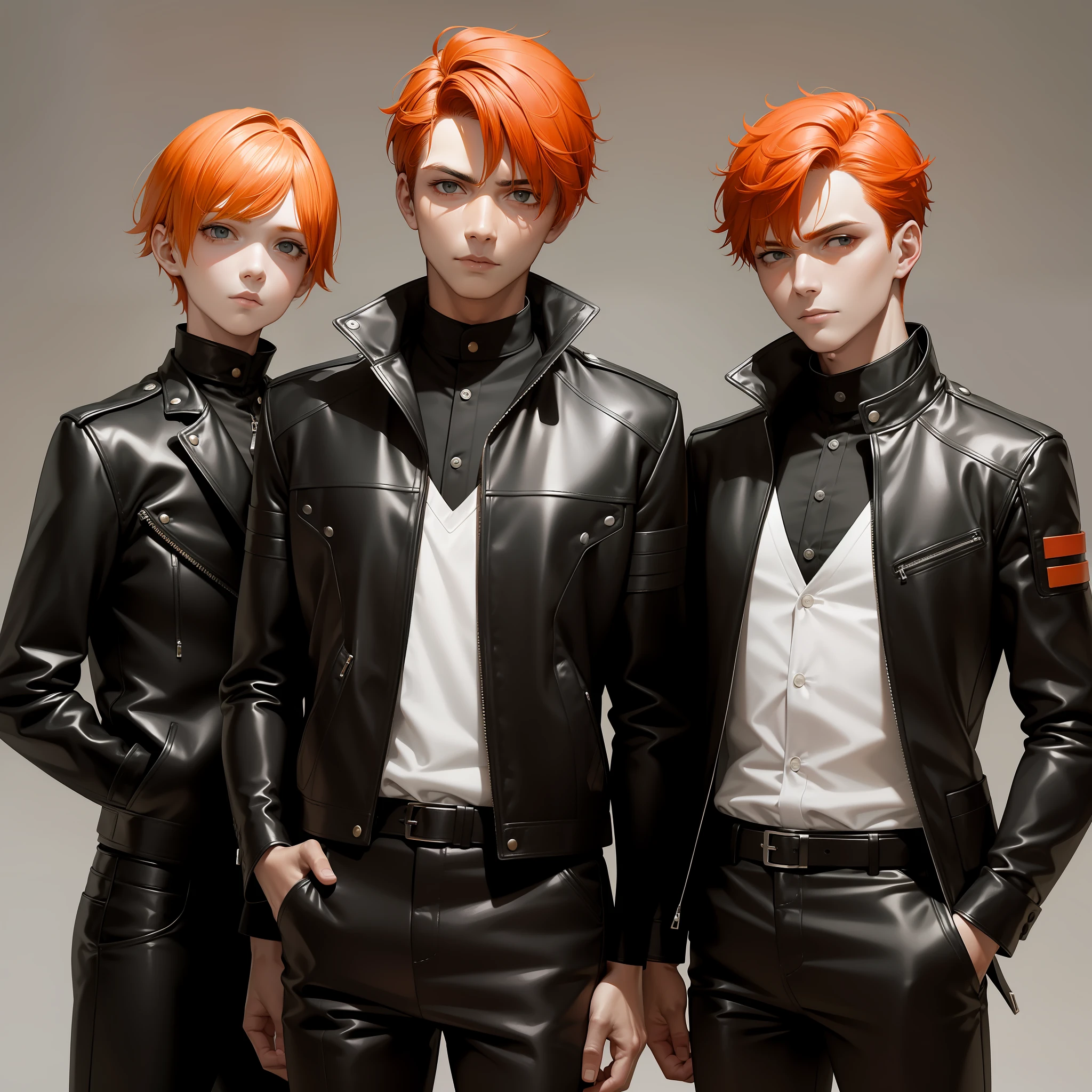 papa, Mom 14 year old brothers pose serious for photo orange hair elegant clothes black leather black