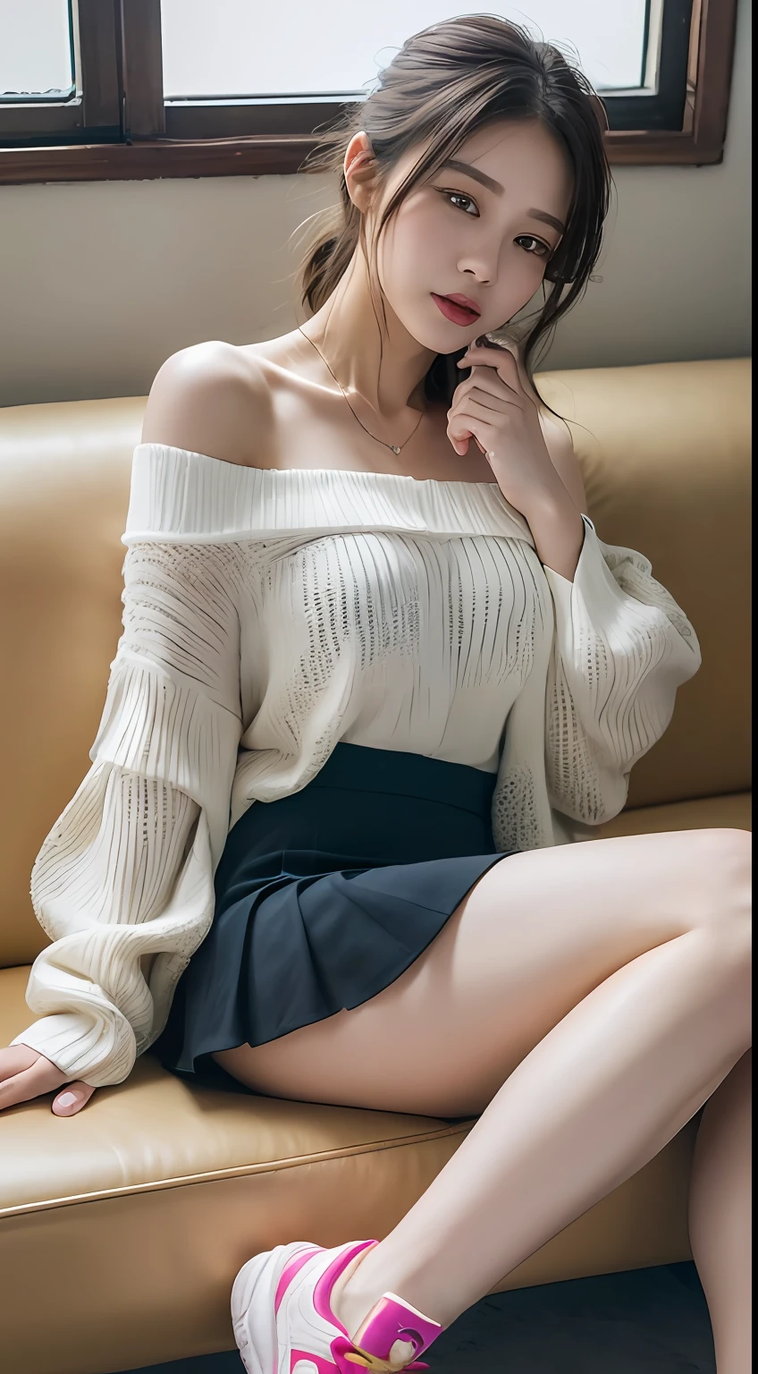 ((Best picture quality, 8K, tmasterpiece:1.3)), 1girll, Casual hairstyle, (off-shoulder blouse,Short pleated skirt:1.3),(wet see through clothes:1.4),Ultra-fine face, A detailed eye, 二重まぶた,(long leges:1.4),(athletic sneakers:1.3),Sit on your side on the sofa