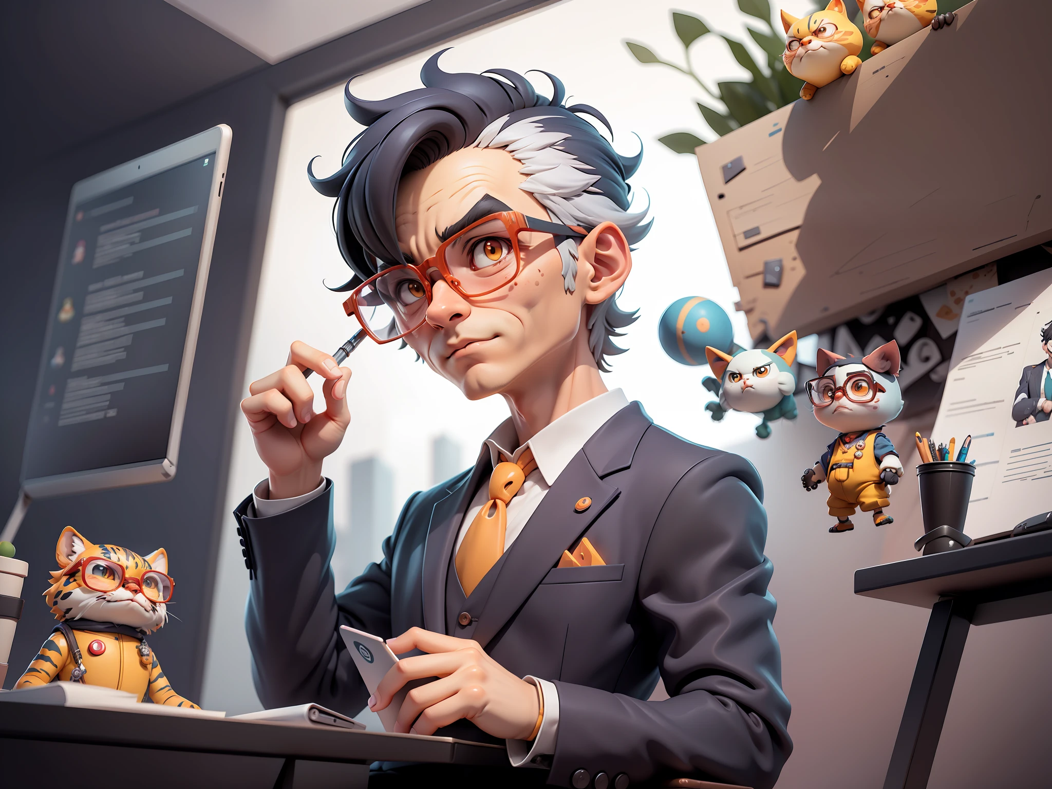 A young man in a suit, Short hair and glasses sat at his desk,holding laptop,digitial painting,tigre,3D character design by Mark Clairen and Pixar and Hayao Miyazaki and Akira Toriyama,4K HD illustration,Very detailed facial features and cartoon-style visuals。