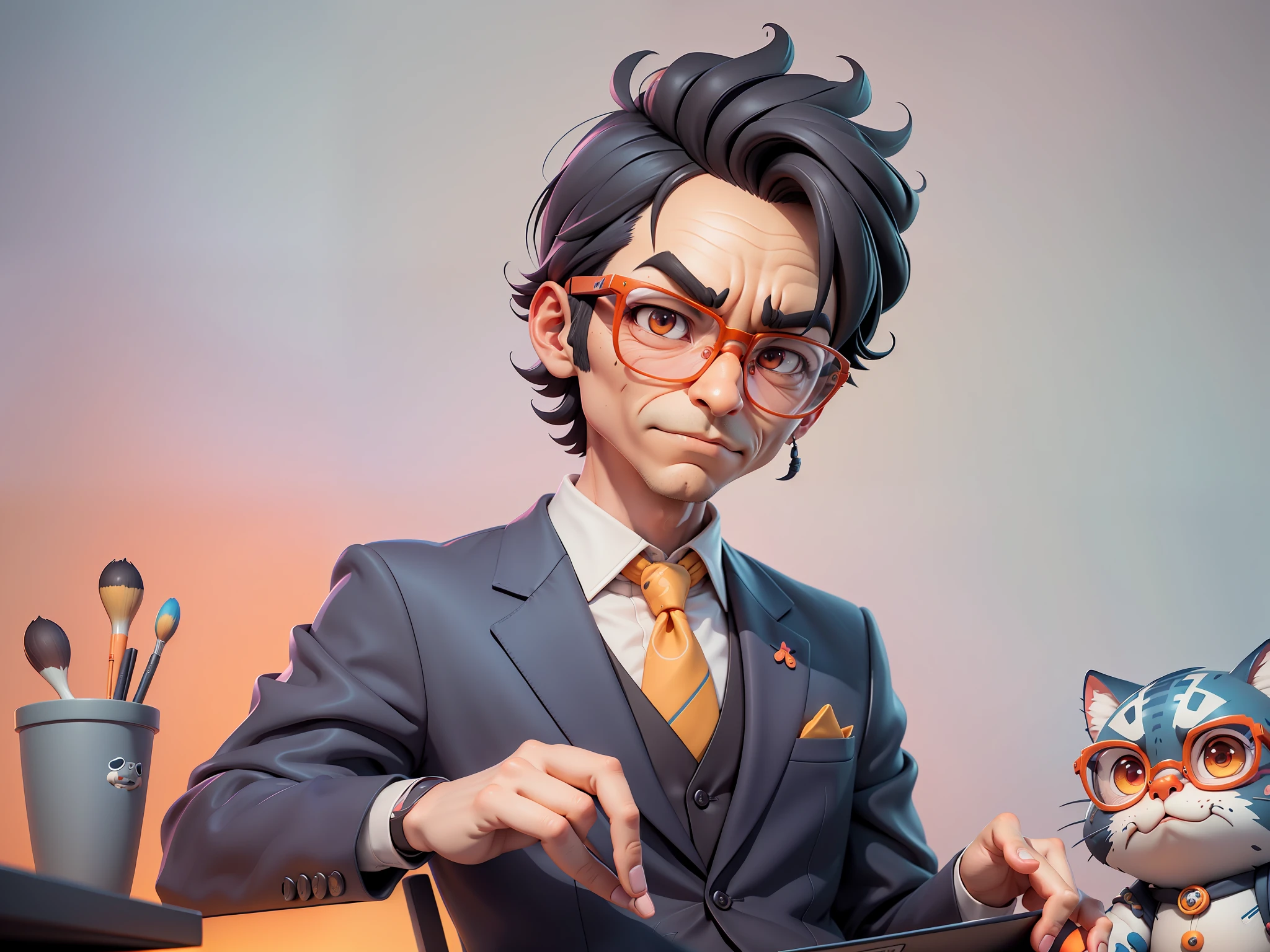 A young man in a suit, Short hair and glasses sat at his desk,holding laptop,digitial painting,tigre,3D character design by Mark Clairen and Pixar and Hayao Miyazaki and Akira Toriyama,4K HD illustration,Very detailed facial features and cartoon-style visuals。