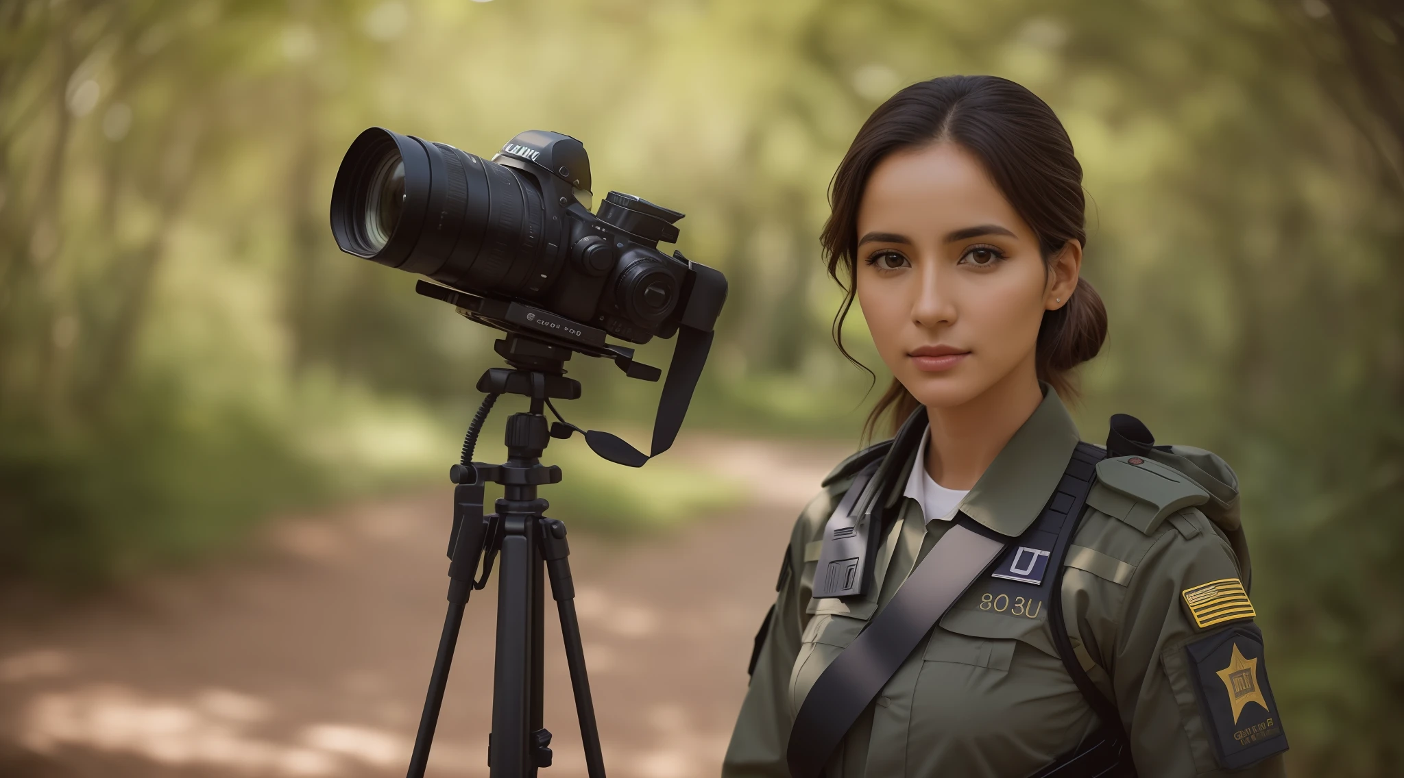 Woman in uniform standing in front of a camera, Retrato de uma guarda florestal feminina, national geographic photo shoot, national geographic photo shoot, (foto de retrato em close-up, qualidade 8K:1.2) k filme ainda, close up foto de retrato, close - foto retrato acima, Retrato de corpo inteiro de um guarda florestal, foto de retrato, Close portrait, staring directly at camera, (nsfw:1.2)