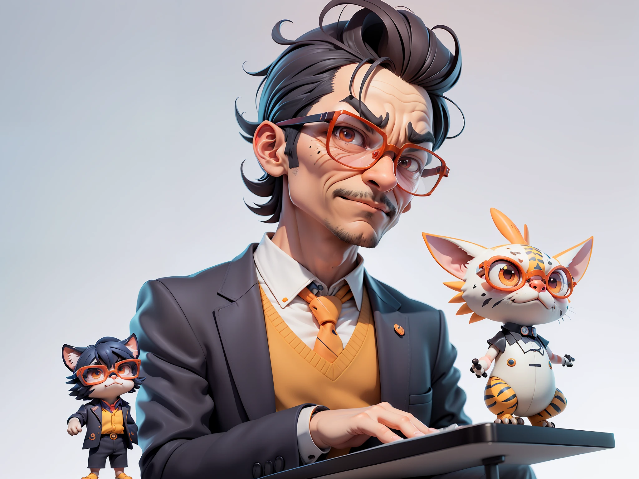 A young man in a suit, Short hair and glasses sat at his desk,holding laptop,digitial painting,tigre,3D character design by Mark Clairen and Pixar and Hayao Miyazaki and Akira Toriyama,4K HD illustration,Very detailed facial features and cartoon-style visuals。