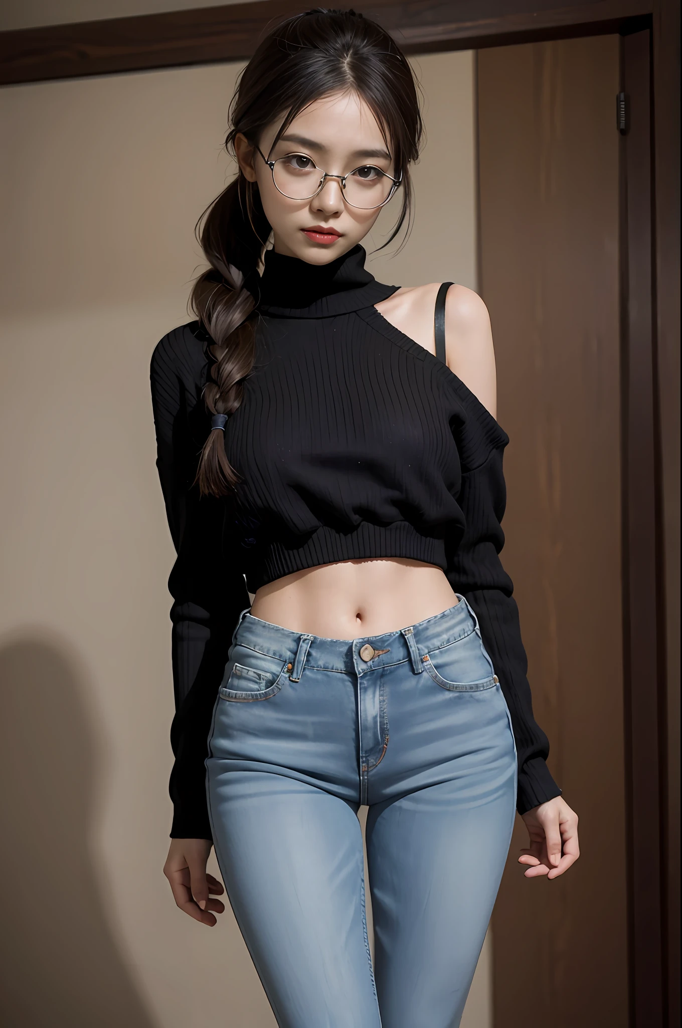 Wear a black sweater，facing away，The sweater covers the lower abdomen，Expose the shoulder straps，Expose off your underwear，Thin underwear，Wear light-colored leggings，Girls with double ponytails，There is sun shine，The figure is good，Youth and liveliness，（full bodyesbian），Look at the ankle，Wear glasses，low-rise jeans，（high-heels），didn't wear socks，（full bodyesbian：2.2）Normal-scale picture，8K, ultraclear，Big picture，，low-rise jeans，Low-rise leggings，with thin legs，Thin leg，Small buttocks，hairstyle on（Brownish、Long to、bow ribbon）、Facial light、 A smile、Small dimples、 Slim waist、delicate leg、long leges、 slender body,、 shiny skins、Authentic skin texture、 Natural soft light、The best lighting、细致背景、detailed shadow、foco nítido、Depth of field f / 2、 Saturated、hight contrast、Strong light and shadow ，Skinny flared jeans