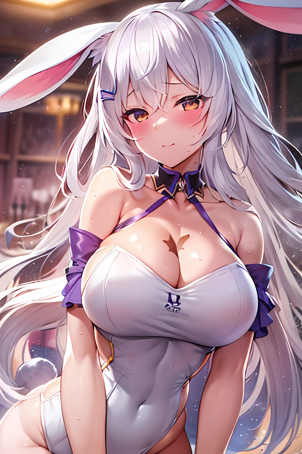 anime girl with long white hair and rabbit ears, rabbit ears girl, solo, seductive anime girl, very beautiful anime rabbit girl, cute anime rabbit, cute anime rabbit, white haired deity, cute anime rabbit, perfect anatomy, tanned skin, big breasts, big thigh, slender body.  , Rabbit humanoid,white hair, skin tan ,1girl, hairlong , HDR, Volumetric Lighting, octane rendering, 8k, ultra high definition, female hourglass body, sweaty, sexy positions, different types of sexy dresses, big breasts, big hips, full body image, Big thighs, from below, Big breast, big ass, thicc, focus on the ass