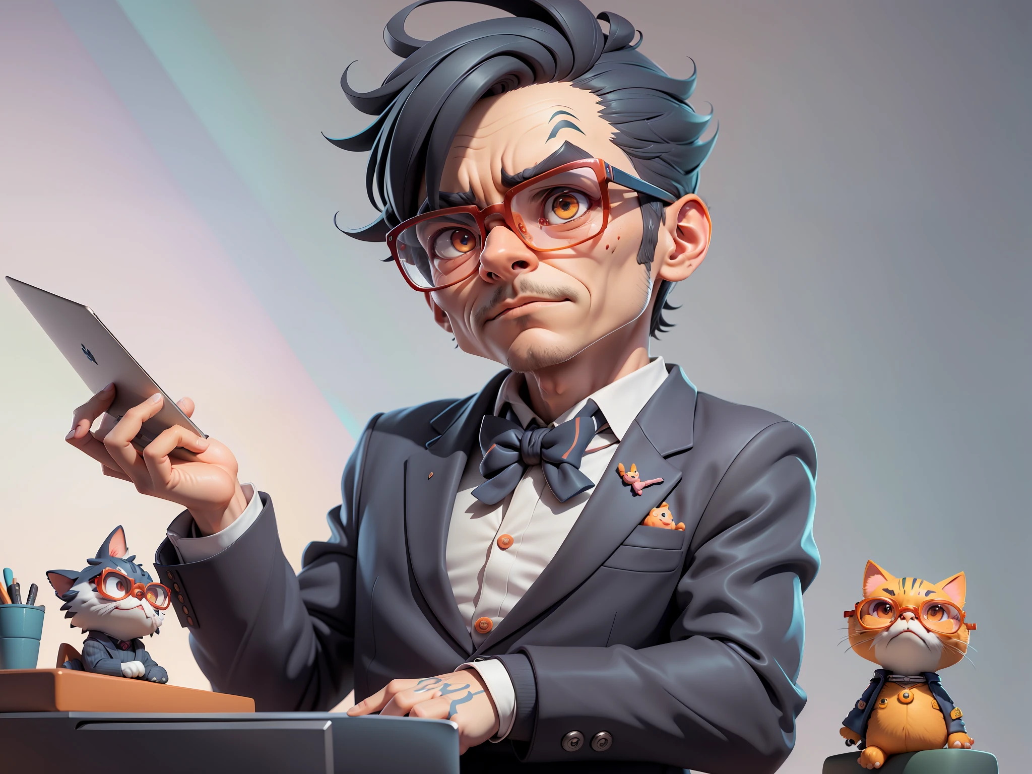 A young man in a suit, Short hair and glasses sat at his desk,holding laptop,digitial painting,tigre,3D character design by Mark Clairen and Pixar and Hayao Miyazaki and Akira Toriyama,4K HD illustration,Very detailed facial features and cartoon-style visuals。
