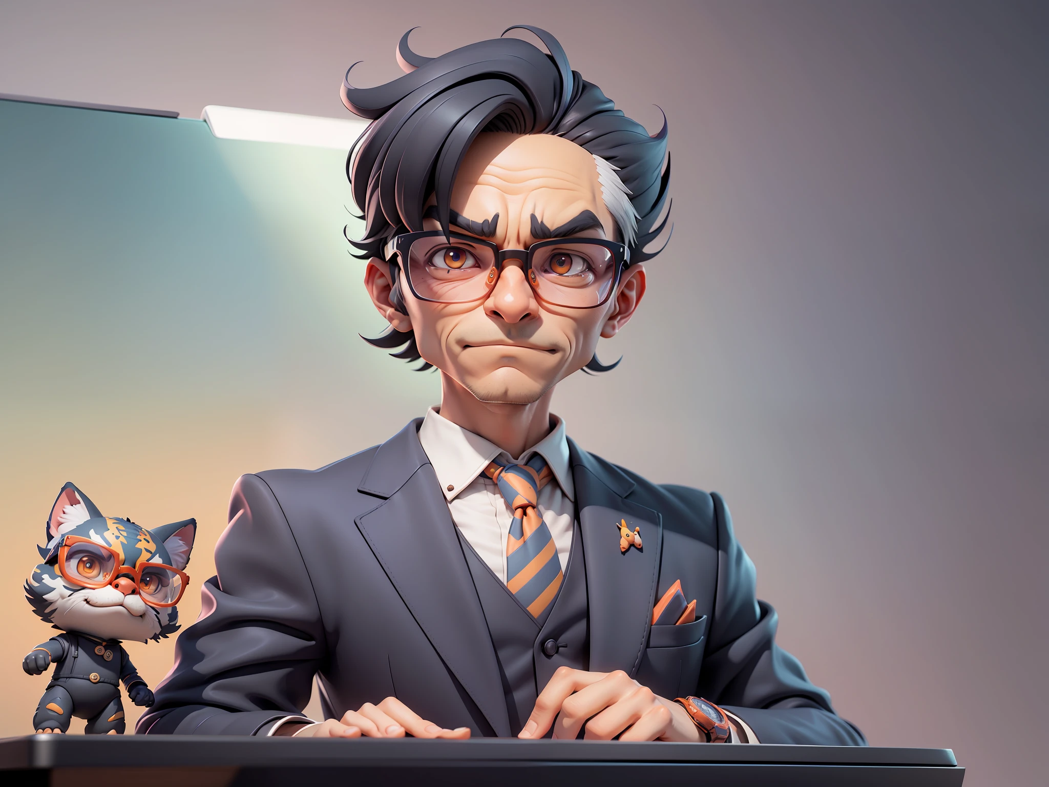 A young man in a suit, Short hair and glasses sat at his desk，holding laptop，digitial painting，tigre，3D character design by Mark Clairen and Pixar and Hayao Miyazaki and Akira Toriyama，4K HD illustration，Very detailed facial features and cartoon-style visuals。