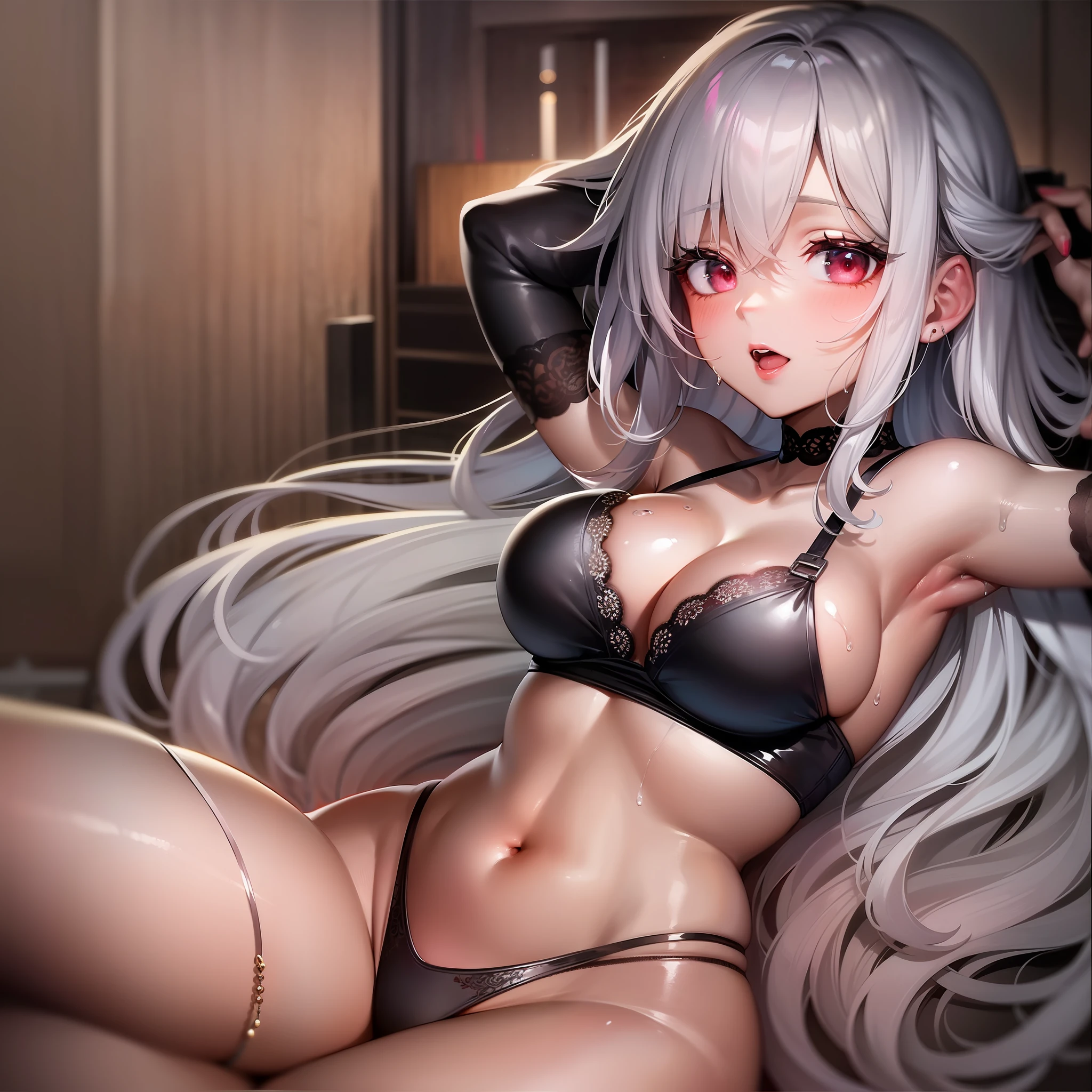 1girl, nighttime, bedroom, ruby eyes, long silver hair, red lipstick, glossy wet and oily skin, black undergarments, large soft breast