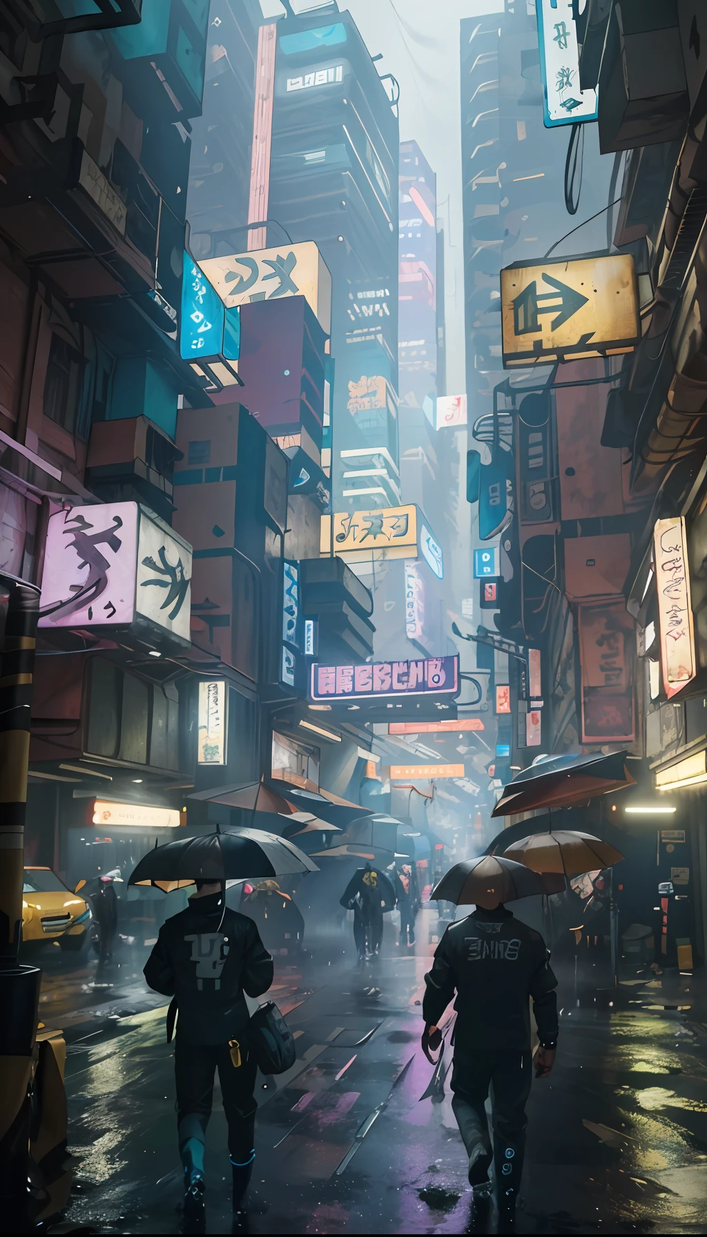 masterpiece, best quality, futuristic Cyberpunk Blade Runner street scene, wet and rainy futuristic cityscape, dazzling cyberpunk skyscrapers, glowing neon signs, glowing LED lights, wet and rainy, bright and vivid color scheme, anime, illustration, intricate details, ultra detailed, cinematic lighting, dark shadows, fish eye lens view.
