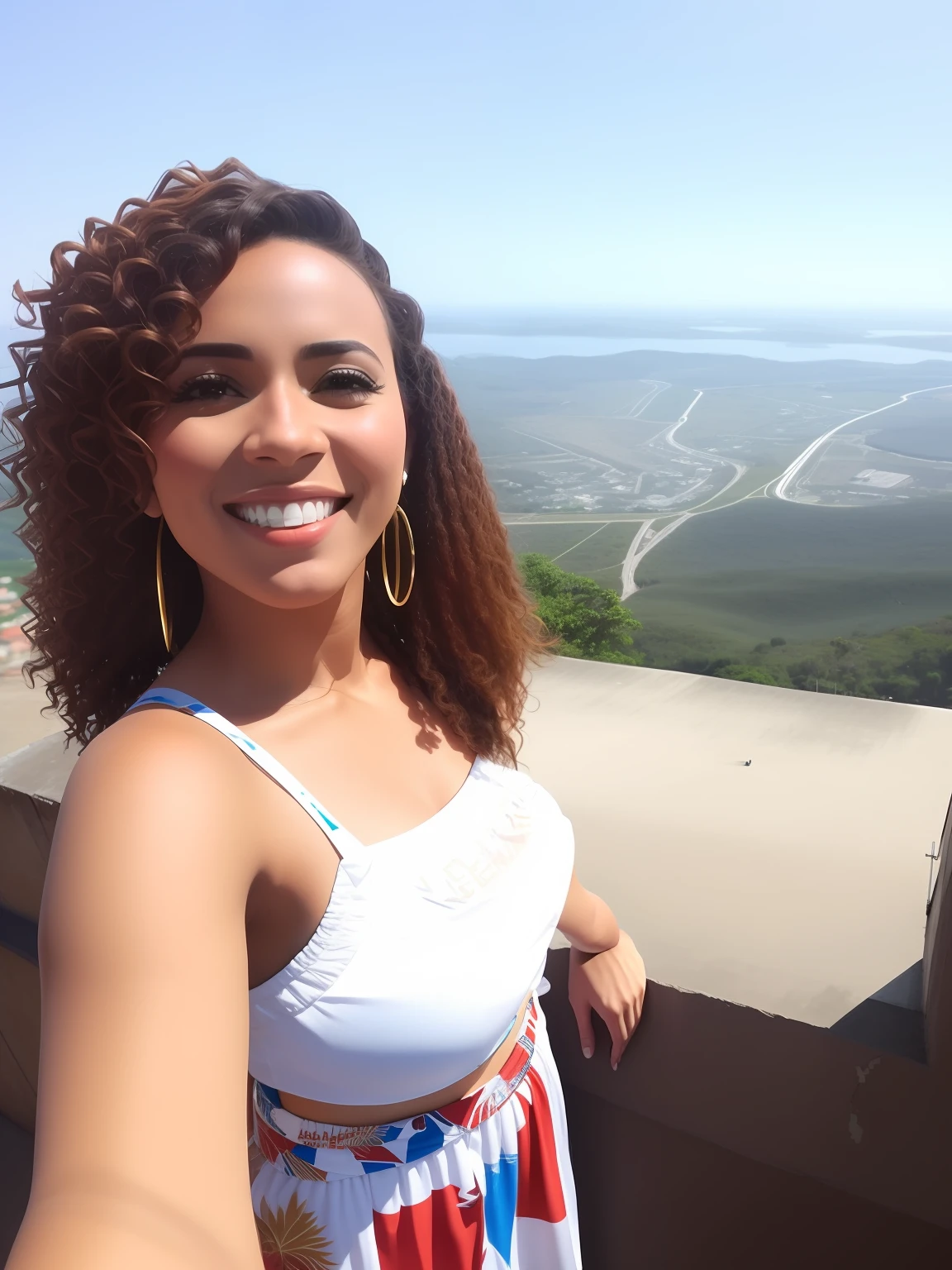 There's a woman standing on a ledge with a camera, com montanhas ao fundo, com uma cidade em segundo plano, View from the top, com montanhas no fundo, Mulher de 30 anos de Cuba, com montanhas como pano de fundo, com montanhas ao longe, 8 mil. preenchimento da vista, Directed by: Willian Murai