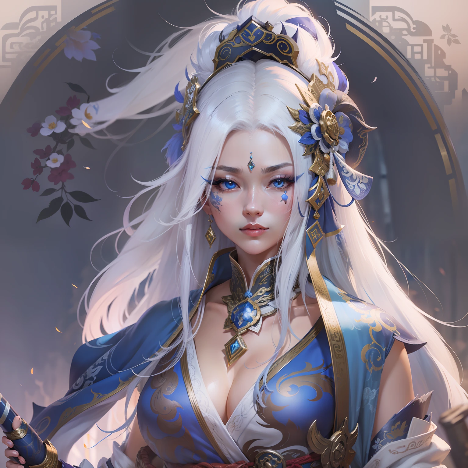 a close up of a woman in her 40's, with blue eyes and white hair, a heroine in wuxia style, with blue eyes, beautiful woman, martial artist holding a sword, standing in a chinese monastary, new costume concept design, in the style of blade and soul, concept art of a monk, full body character concept, detailed character design, inspired by Yang Jin, inspired by Li Mei-Shu, chinese costume, inspired by Lan Ying, inspired by Sim Sa-Jeong, inspired by Li Tang, lunar themed attire, costume with blue accents, inspired by Ju Lian, colored concept art, highly detailed character design, highly detailed face, inspired by Ai Xuan, very highly detailed face, unreal engine render, final fantasy 14 style, inspired by Leng Mei