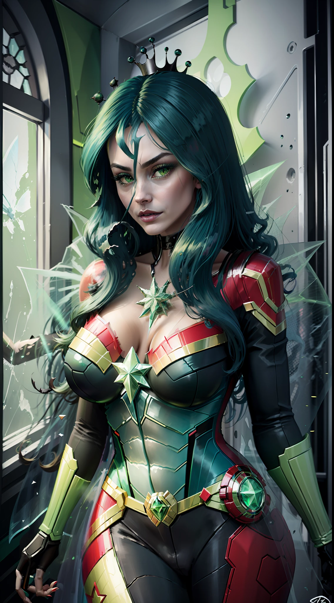 Queen Chrysalis, Queen Chrysalis of My Little Pony, Queen Chrysalis as a girl, Huge-breasts, Lush breasts, Elastic breasts, hairlong, Luxurious hairstyle, In the costume of Captain Marvel, The costume is green and black, in the sky, Super Villain, in full height, Evil Look, magic, Flight beam, The darkness and chaos, perfume, Green Magic, it is frightful, beste-Qualit, Very detailed, 8K quality, in full height