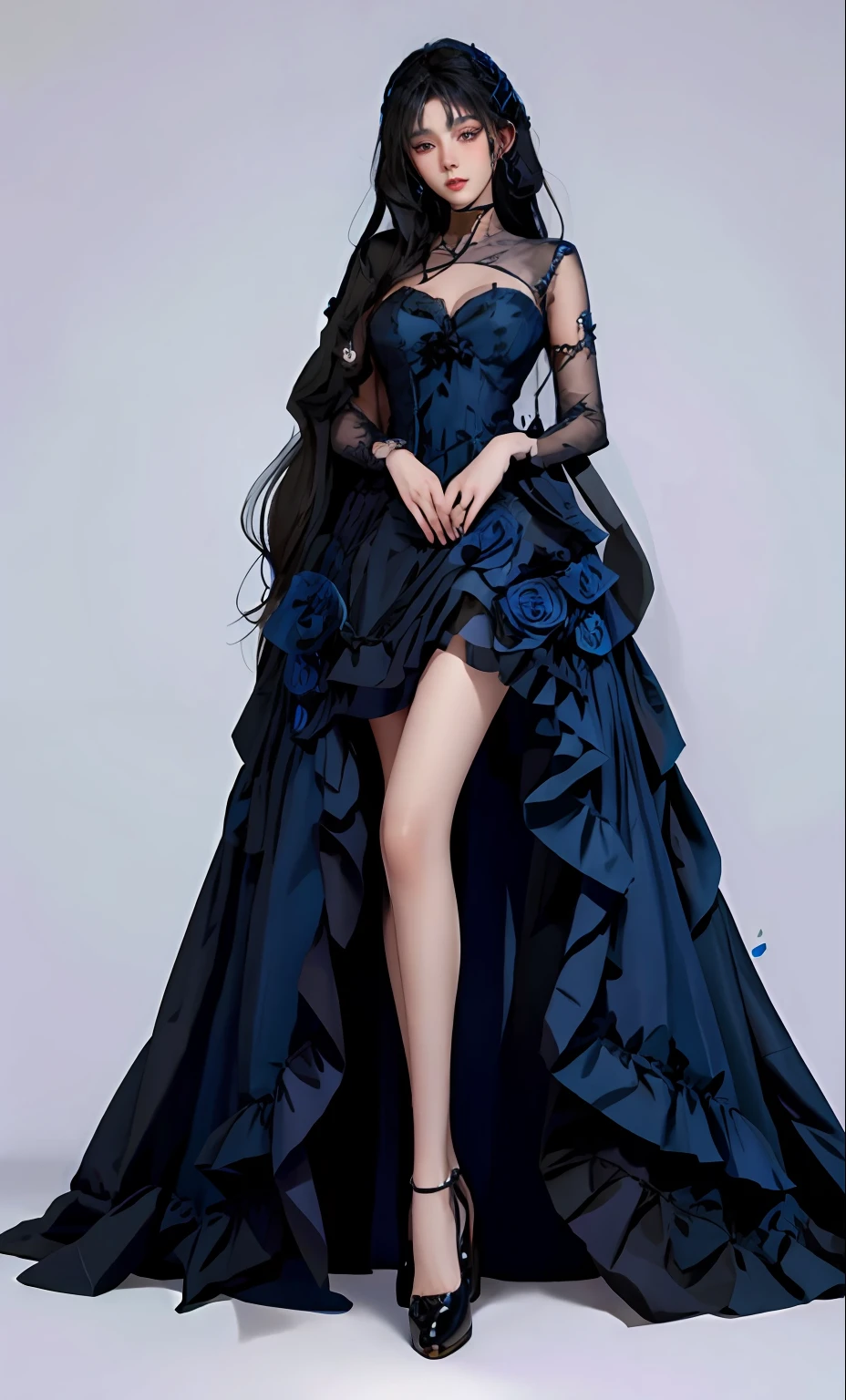 a woman in a dress black dress, cute waifu in a nice dress, beautiful full body concept art, beautiful alluring woman, woman fullbody art, guweiz, beautiful  woman, digital art on pixiv, full body illustration, cushart krenz key art feminine, full body xianxia, detailed face gorgeous face detailed face, blue roses theme , blue roses petals