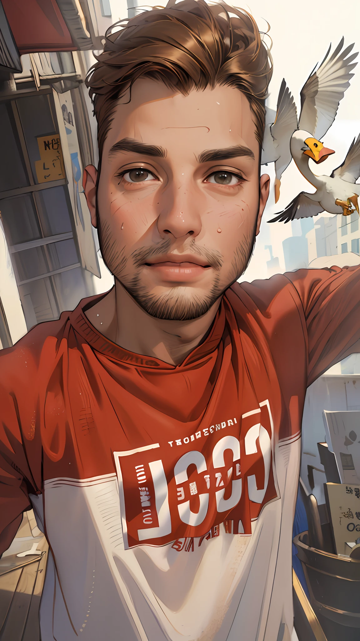 (masterpiece, ultra high res, 16k uhd, high quality),low key,commute,ad,tv,standing,looking at viewer,Hoodie,masterpiece,in the restaurant,sitting,(brown hair),black eyes,turn to the back,smile,Seoul,(small head),Precise human body structure,Precise hand structure,(duck egg face),Light-colored clothing,red coat,yellow top,Unity 16K Wallpapers,Concept Art,A person,8K eyes,Grassland,Dress,Park,Bench,Pigeons,(((mature male))),((big eyes:1.3)),(short hair),((1 American mixed-race man)),Sweatpants,(Realistic face:1.8),Wide Shoulders,Single,(whole body:1.6),andriod 18,
