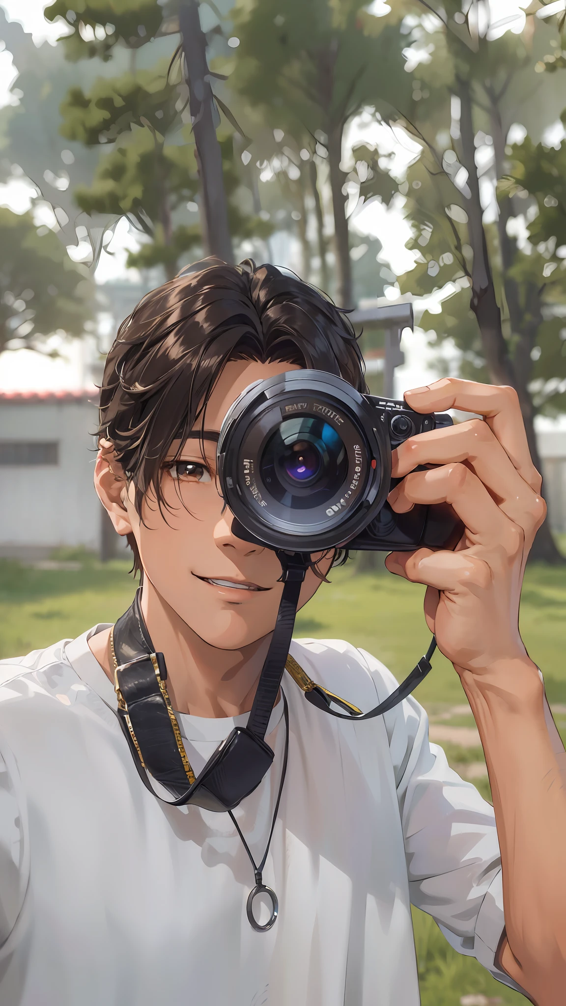 (Highres, ultra detailed, HDR), best quality, a boy, solo, handsome, brown eyes, finely eye and detailed face, real shadow, camera, joyful, 2d, anime, handsome, smile, anime hair, Korean hair, anime background, laugh,