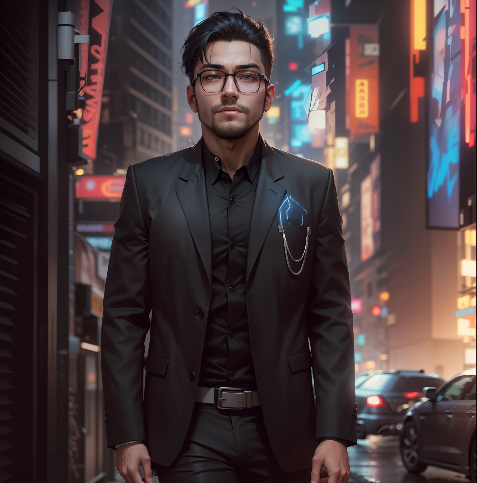 Very Similar face ,hairstyle and glasses, cyberpunk, focus, casual dressing, blackish and very decent background, smart body,handsome, 8k,white colour, realistic