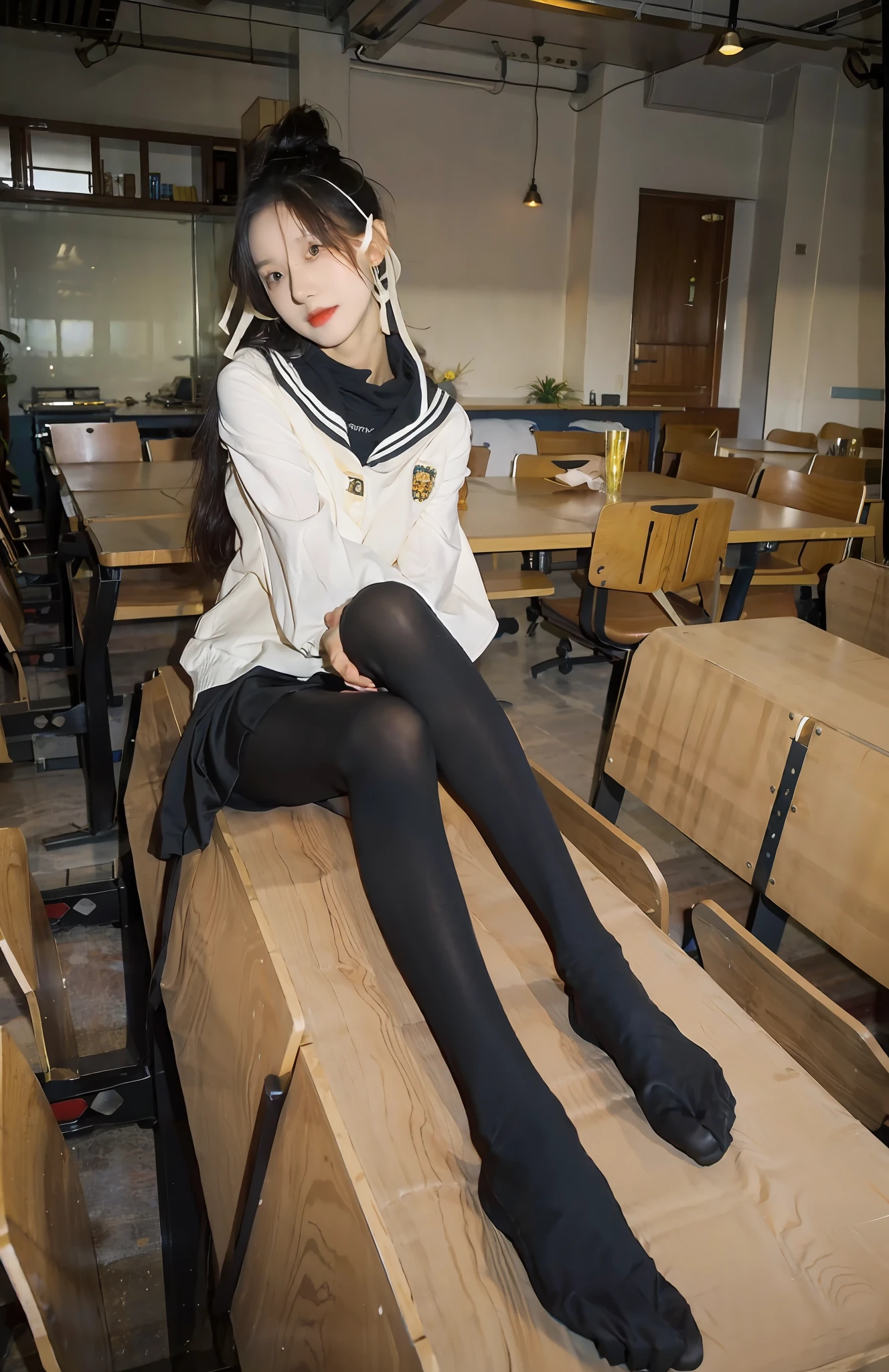 The pupils are correct, looking at viewert，JK set, best qualtiy，tmasterpiece，超高分辨率，（realisticlying：1.4），teens girl，Juvenile, black lence stockings