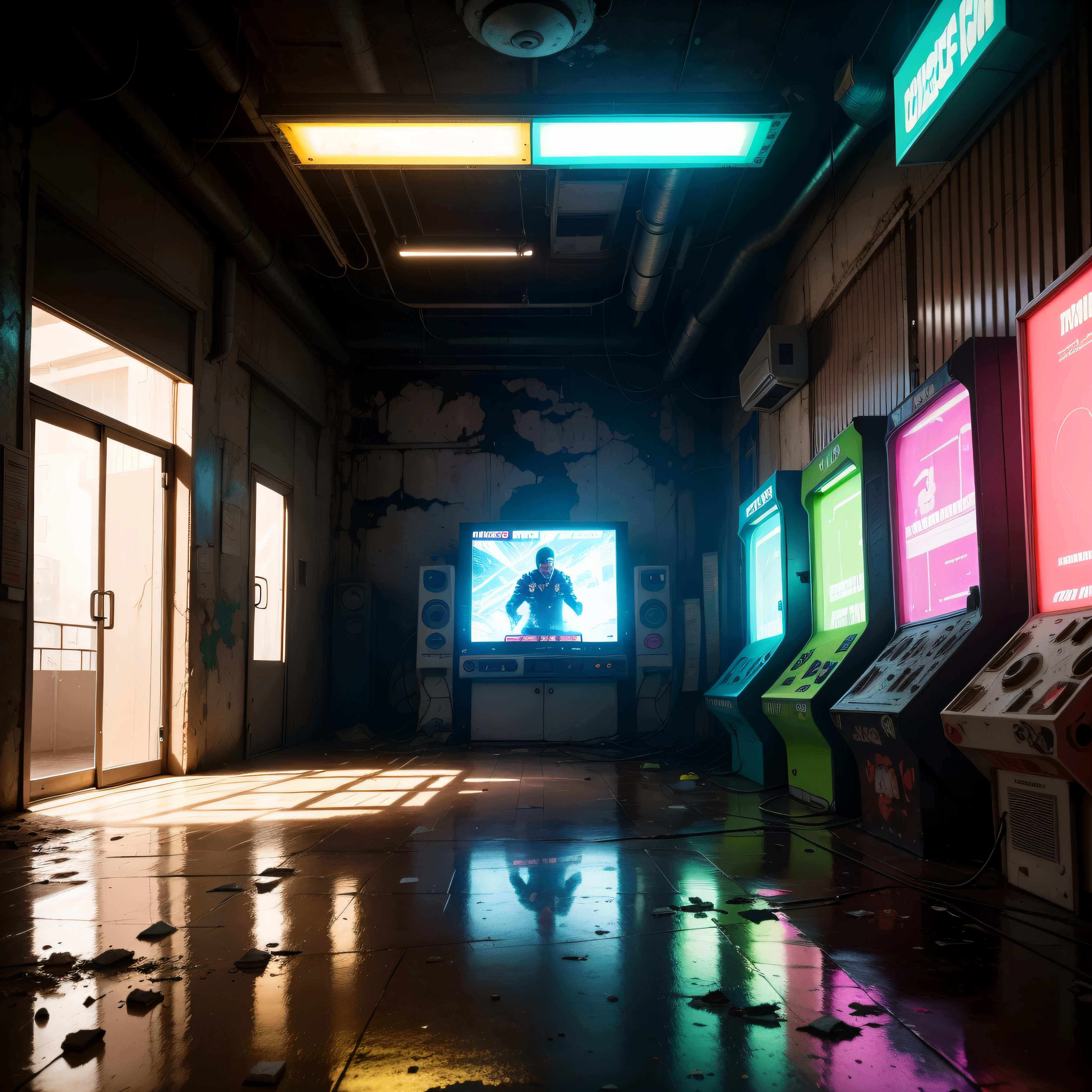 Na loja arcade antiga e abandonada, Immerse yourself in a decaying cyberpunk world. Old arcades and video games are scattered across the floor, like ruins of a bygone era. A luz dos LEDs coloridos, apesar do tempo, ainda brilha intensamente, criando um contraste vibrante com o ambiente desgastado. Broken windows allow acid rain and technological fog to enter, while failing televisions display distorted and glitched images. Describe the unique atmosphere of this scenario, onde o passado se encontra com o futuro em um ambiente decadente e futurista.