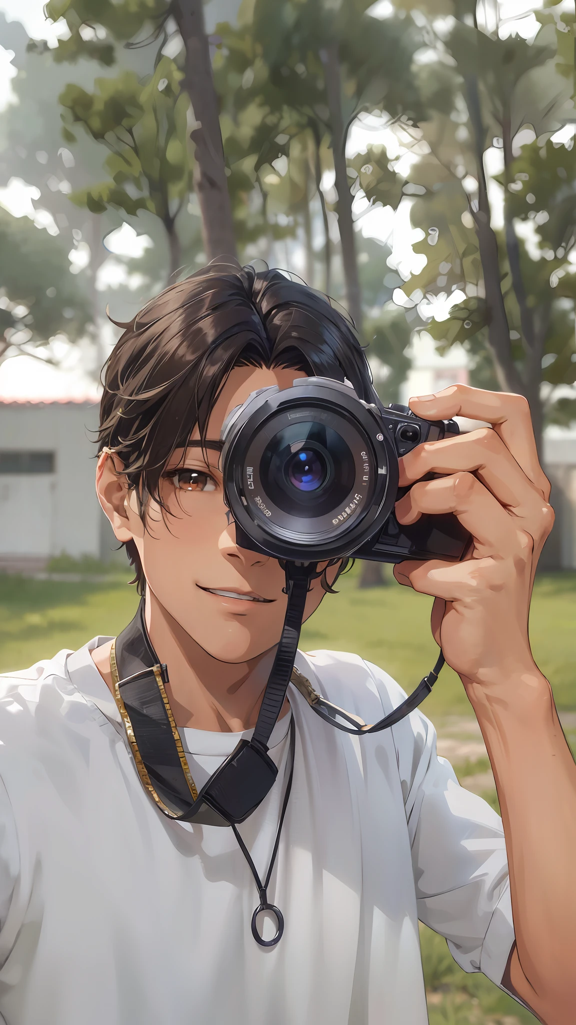 (Highres, ultra detailed, HDR), best quality, a boy, solo, handsome, brown eyes, finely eye and detailed face, real shadow, camera, joyful, 2d, anime, handsome, smile, anime hair, Korean hair, anime background, laugh,