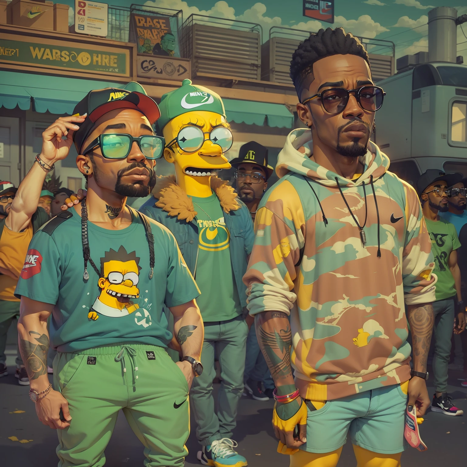 Arte dos Simpsons: two rappers in France with black glasses, casaco da nike