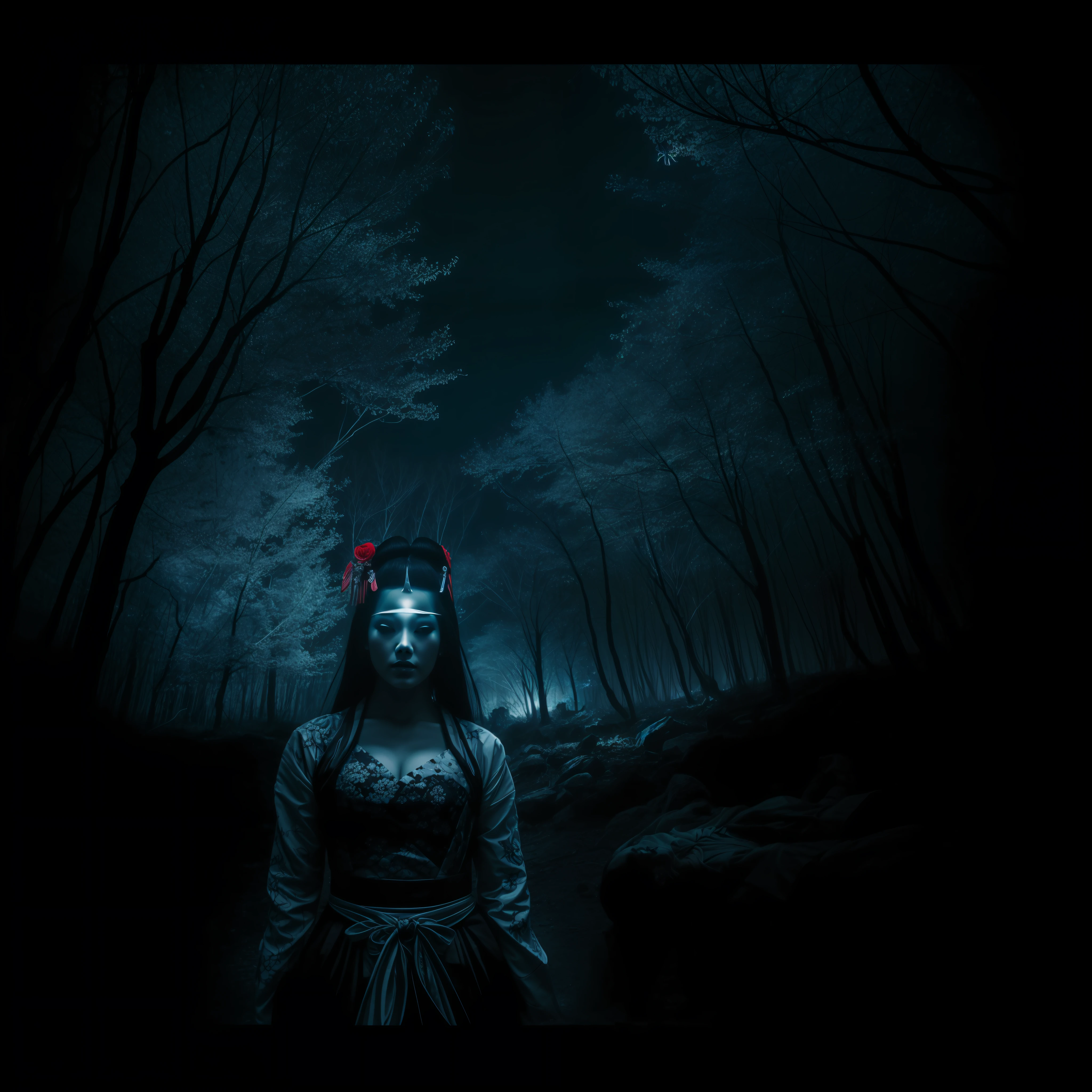 ((Raw)) photograph of a digital dark wasteland geisha, worshipper of the old magic, black background. twisted. horror. Macabre. dark art. occult. technopagan, sharp contrast, dramatically underlit, bioluminescence, blue, black and white
