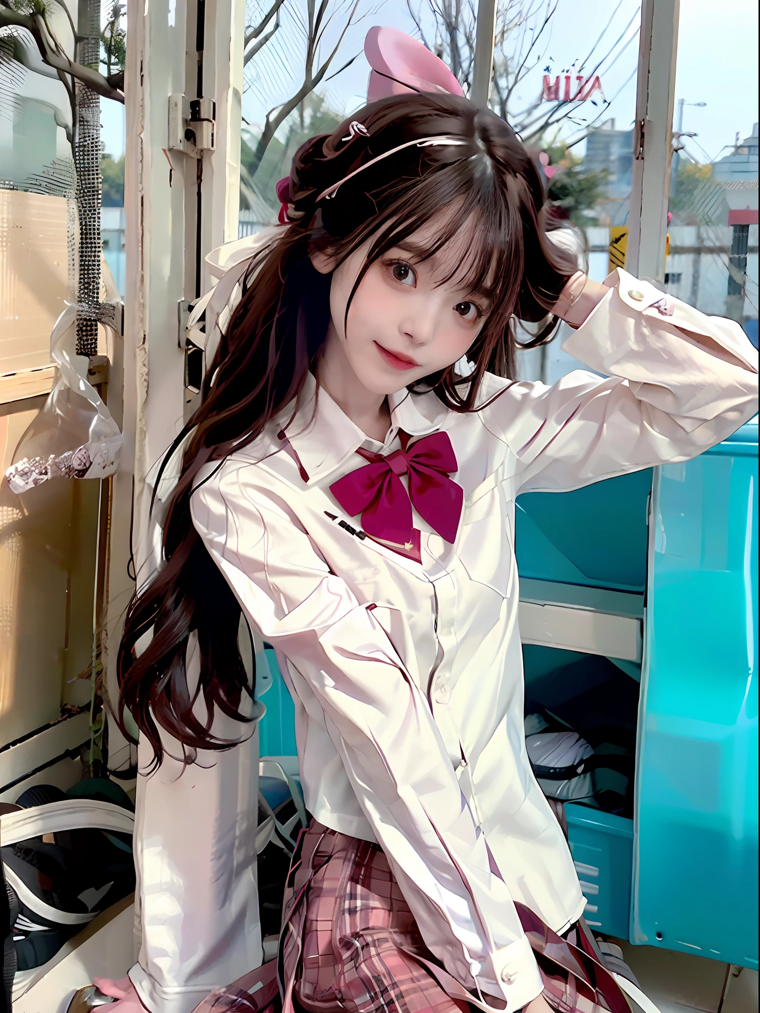 Shooting bob hair、Big high school girl、2girl、(((winter school uniform)))、white shirt、Manteau、red necktie、longer sleeves、Black thorn skirt、lilie、8 Head and body、At home、Bedrooms、Paulownia Avenue、Short wave hair、small heads、pale pink lip、Smile smile、blissful、little breast、small-sized buttocks、Skinny figure
