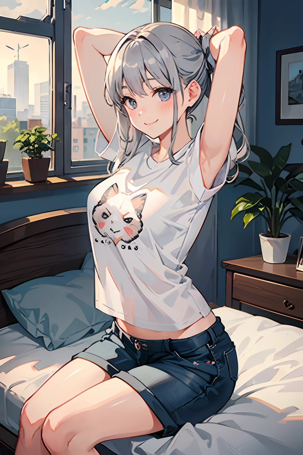 A stunningly beautiful silver hair twintail girl in modern bed room, blush, lot of stuffed animals in room, background of window with rising sun, Houseplants on the windowsill, wake up and stretch her arms, sitting on the bed, smile, black ribbons, oversized T-shirt with a cute cat print, short pants, D cup big bust, slim body, wide angle, watercolor, Blush, Hand drawing illustration, highly detailed, Perfect composition golden ratio, masterpiece, best quality, 4k, sharp focus. Better hand, perfect anatomy.
