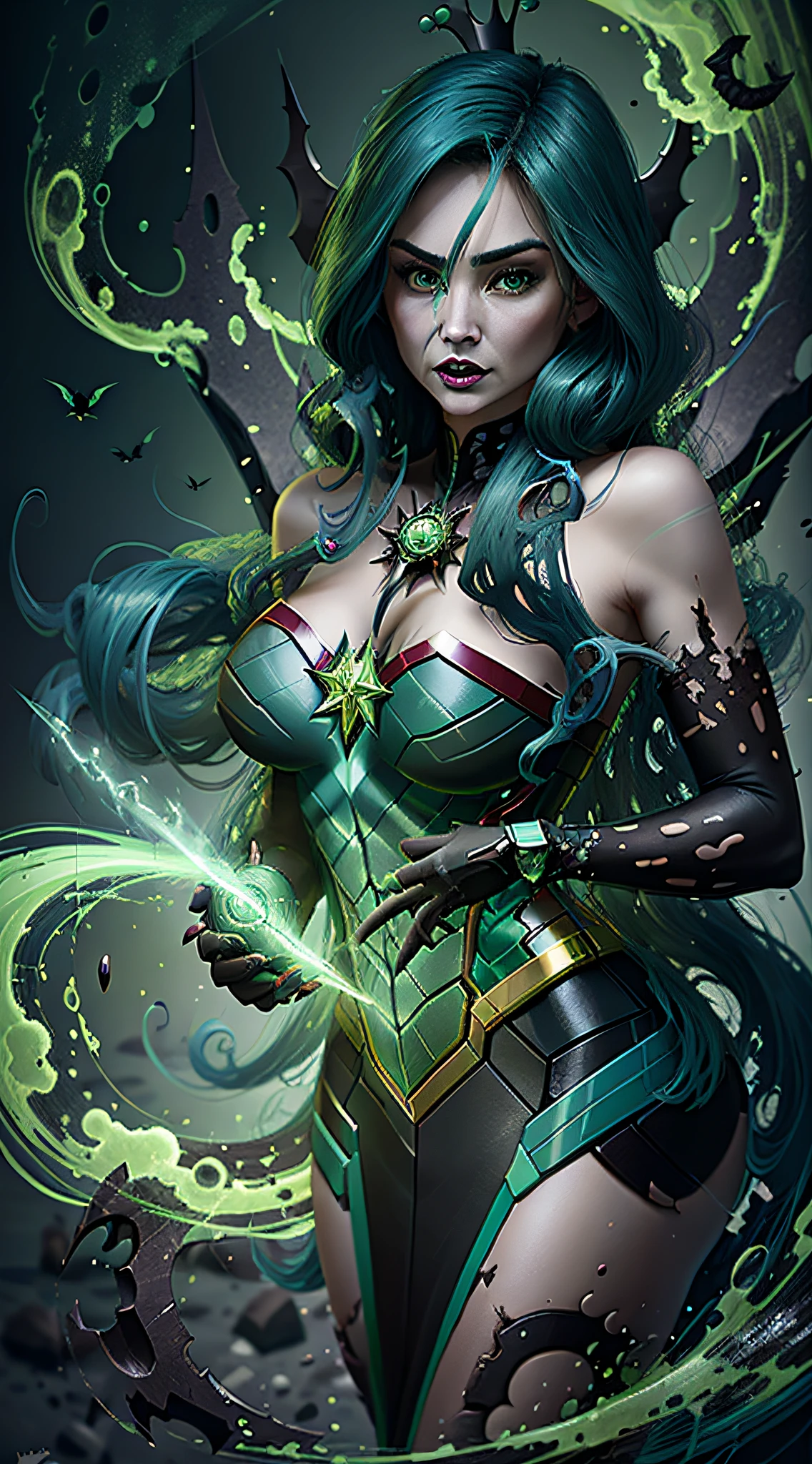 Queen Chrysalis, Queen Chrysalis из My Little Pony, Queen Chrysalis as a girl, Huge-breasts, Lush breasts, Elastic breasts, hairlong, Luxurious hairstyle, In the costume of Captain Marvel, The costume is green and black, in the sky, Supervillain, in full height, Evil Look, Magic, Flight beam, Darkness and chaos, perfume, Green Magic, It's scary, beste-Qualit, Very detailed, 8K quality, in full height