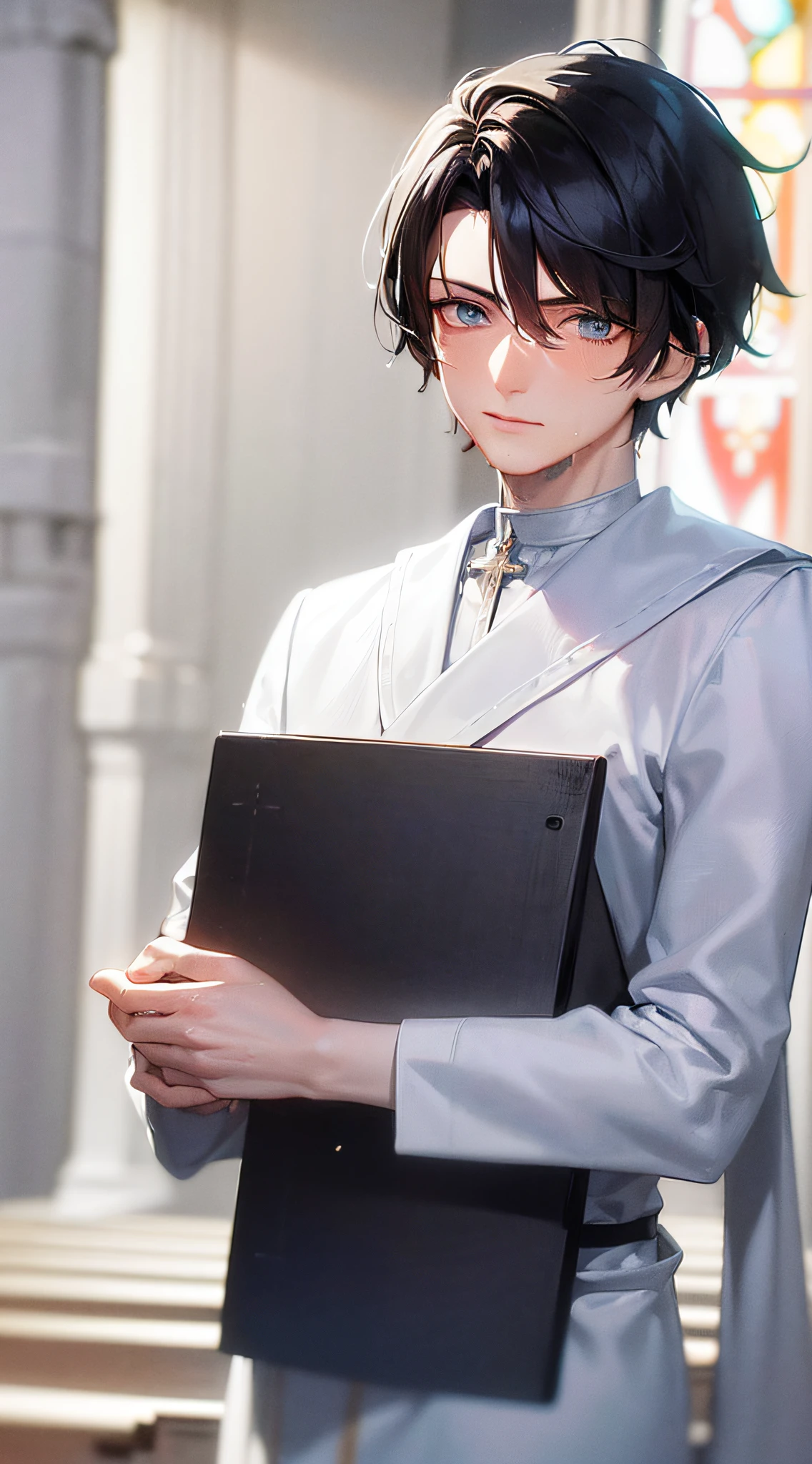 ((A 25-year-old man:1.5)), ((man 1.5)), first person perspective, Upper body, (Cold light:1.2), Blue_Eyes, (Noble look:1.5), Hair_between_Eyes, (hair pulled back:1.5), (Zaffre eyes color:1.1), (holding a cross:1.2), (White robe:1.5), Man, Looking_at_peeping at the viewer, Male_Focus, short_Hair, (Greek frescoes:1.2), (Inside the church:1.5), Wet hair, styled with a captivating hairdo, accentuated with bangs and hair between eyes, highlighting his distinctive and stylish black and short hair,    this dynamic composition expertly showcases his strong male focus,  in a manner that captivates and intrigues viewers