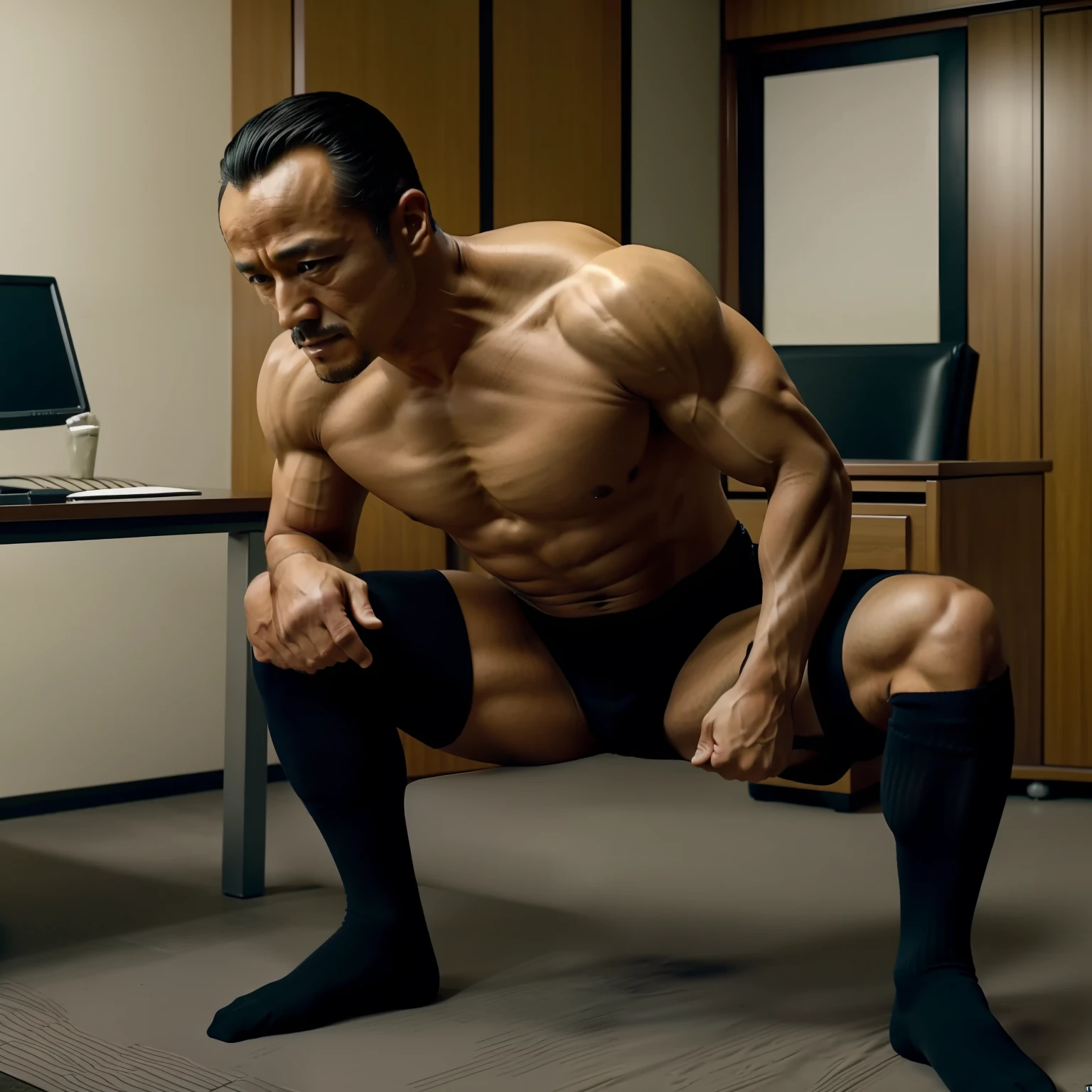aged 40,Hidetoshi Nakata,(Kogoro Mouri 1.3),Shirtless,Tong,Bulge,office room,black long socks,Thin,musculature,lbeard,fortitude,artwork of a,tmasterpiece,k hd,Tong,Squat