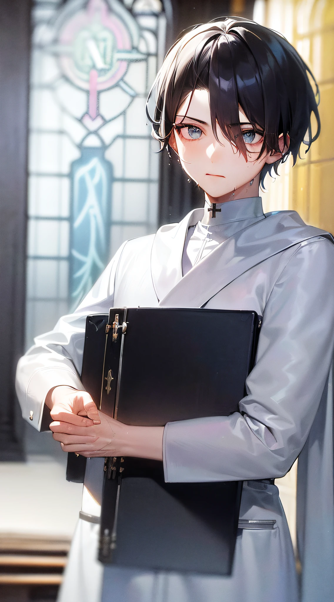 ((a 25yearsold man:1.5)), ((a male1.5)), first-person view, upper body, (cold light:1.2), blue_eyes, (noble look:1.5), hair_between_eyes, (hair pulled back:1.5), (Zaffre eyes color:1.1), (holding a cross:1.2), (white robe:1.5), man, looking_at_viewer, male_focus, short_hair, (Greek fresco:1.2), (Inside the church:1.5), wet hair, styled with a captivating hairdo, accentuated with bangs and hair between eyes, highlighting his distinctive and stylish black and short hair,    this dynamic composition expertly showcases his strong male focus,  in a manner that captivates and intrigues viewers