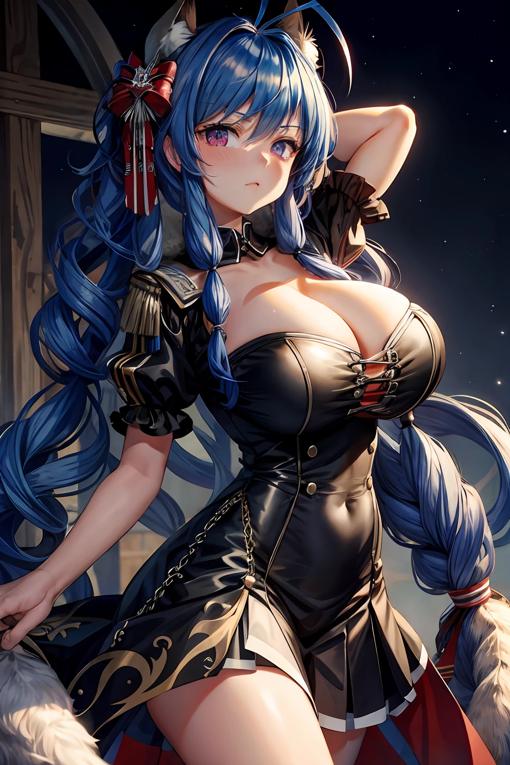 tmasterpiece, Best quality at best, 1girll, long whitr hair, looking at viewert, :3, adolable, Black school uniform, exteriors, the street, cowboy lens,big cleavage breasts, curves, (((eBlue eyes))), rias gremory,Blue hair, Antenna hair, wavey hair, ((beatiful detailed eyes,Beautiful detail glow)),huge tit,blush,